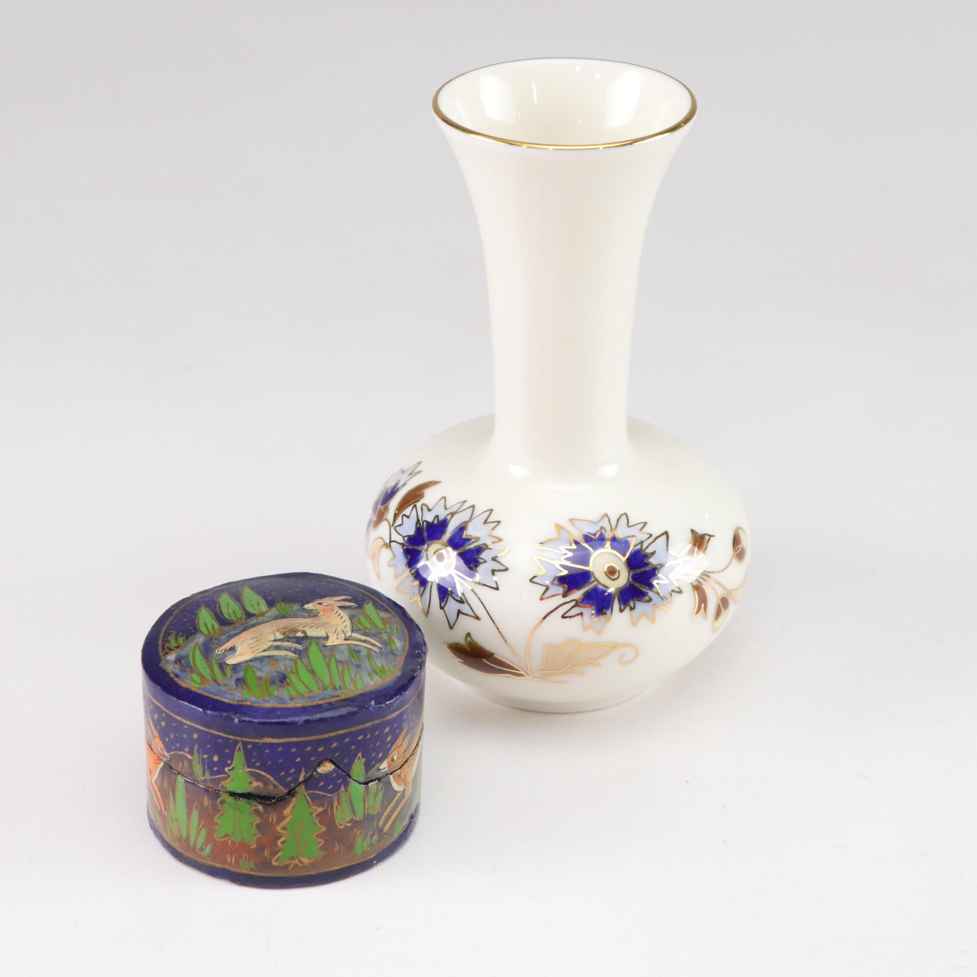 Dedham Pottery Reproduction Rabbit Box With Tiny Bottle Vase and Pin Box