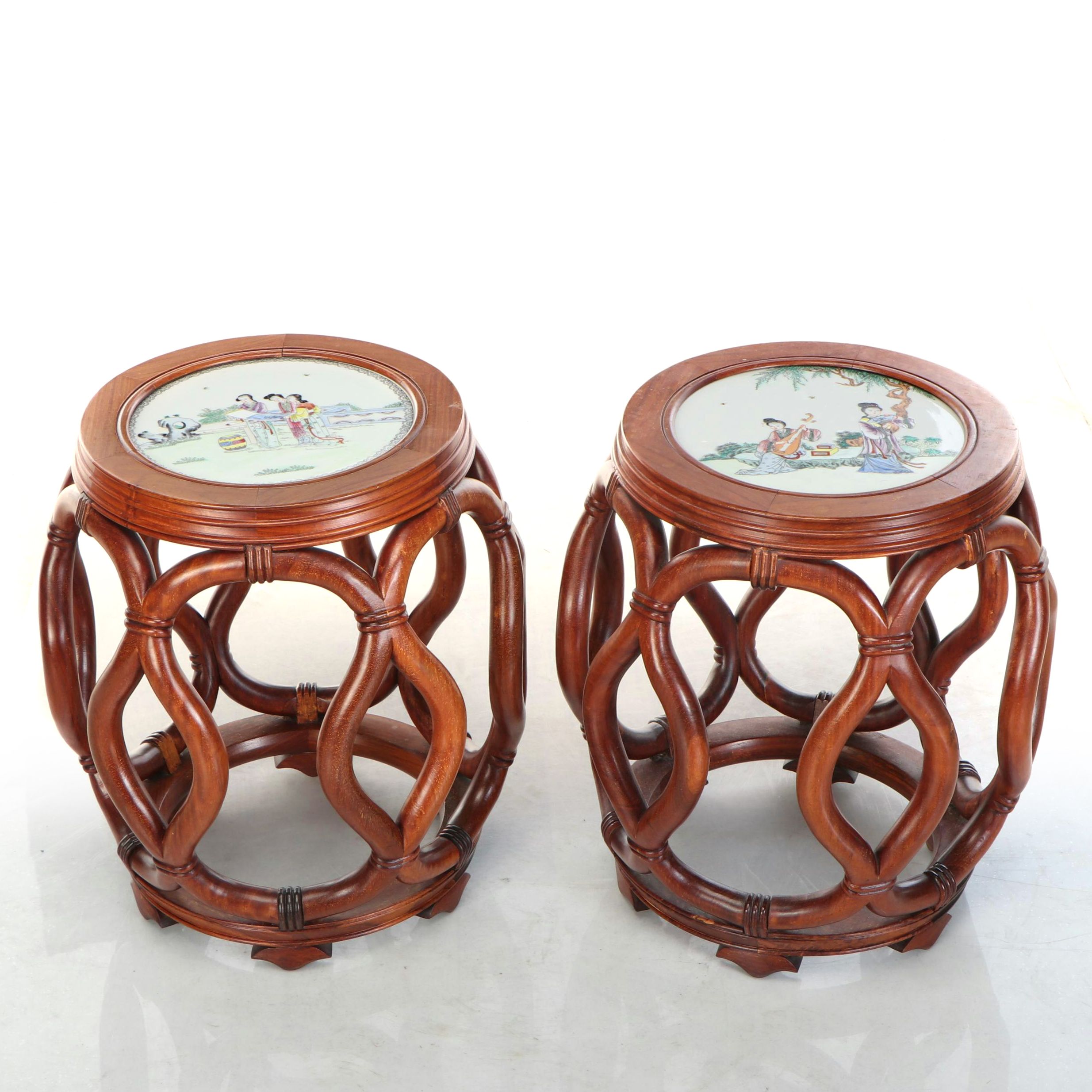 Pair of Majestic Co. Chinese Rosewood and Ceramic Medallion Top End Tables