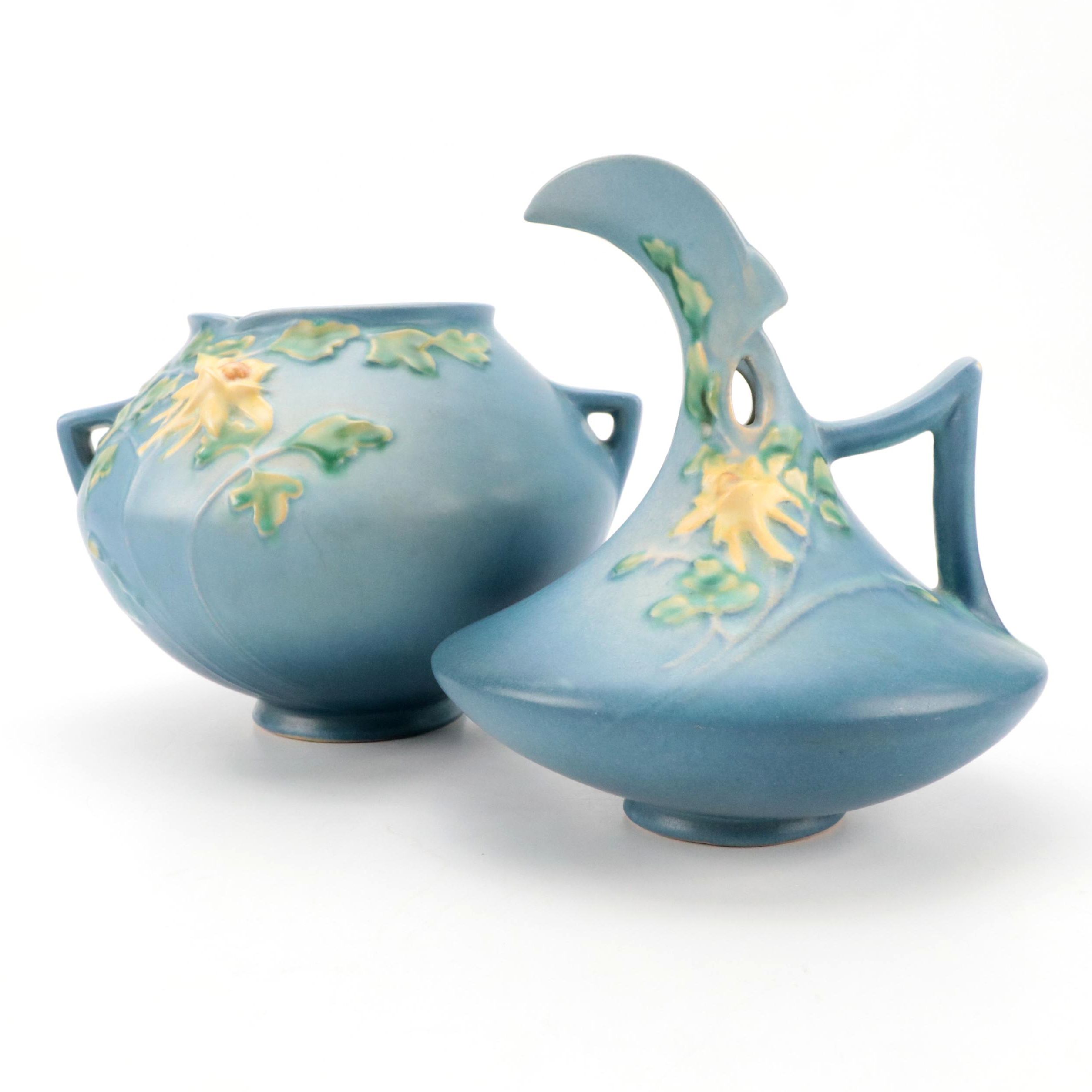 Roseville Pottery "Columbine Blue" Ewer and Planter, Mid-20th Century