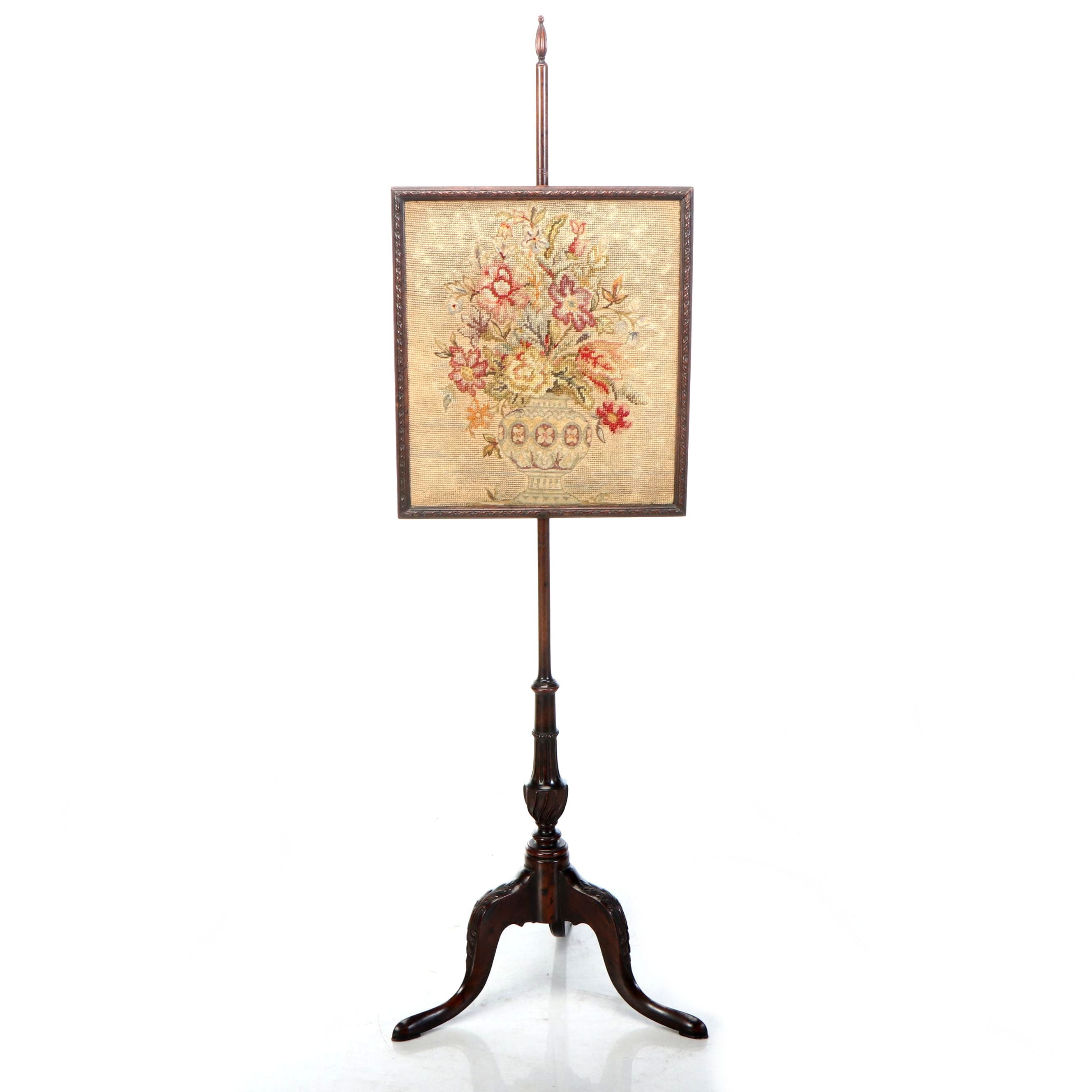 Queen Anne Style Carved Wood with Handmade Needlepoint & Petit-Point Fire Screen