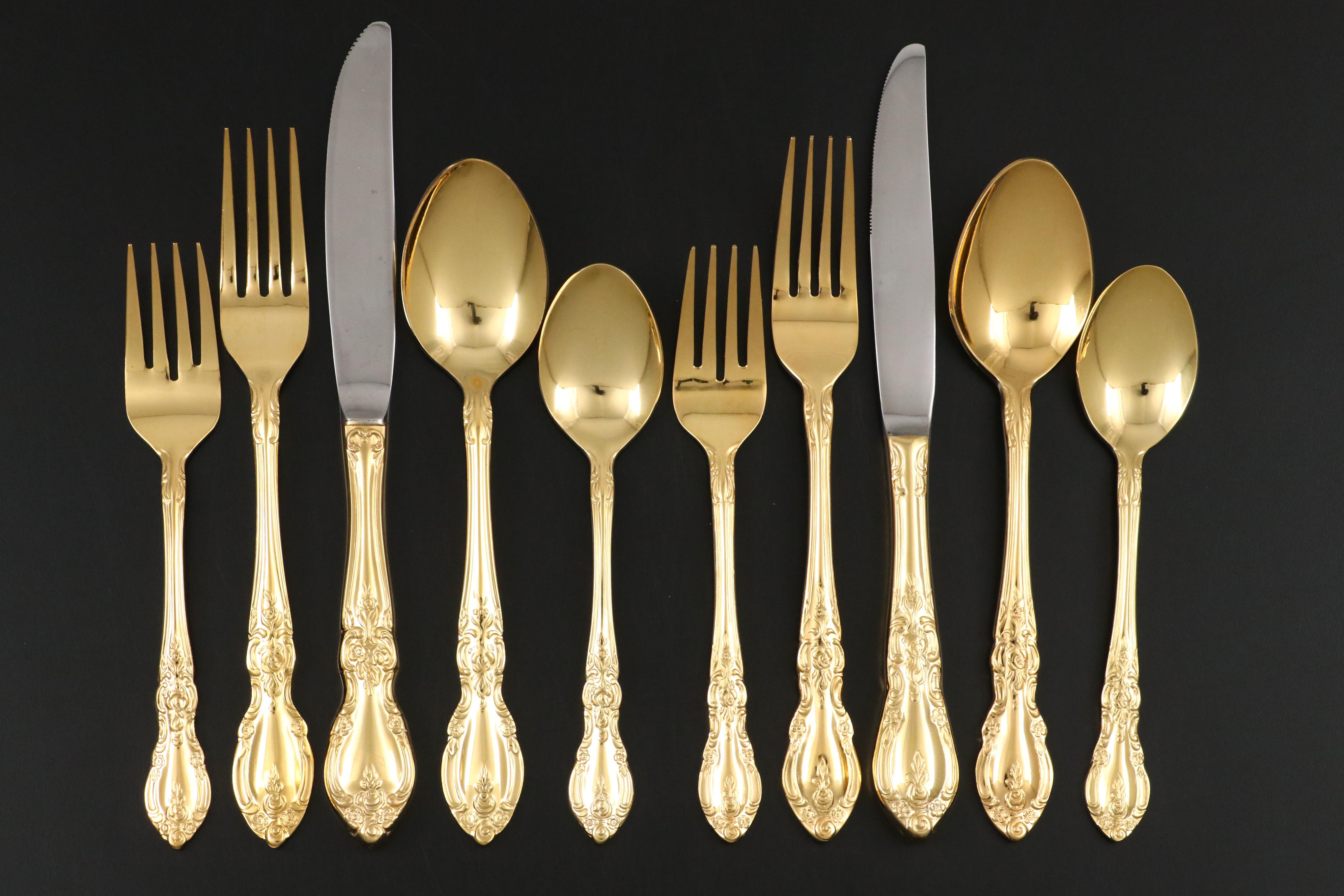 Supreme Cutlery by Towle Gold Finished Stainless Steel Flatware with Brass Tray