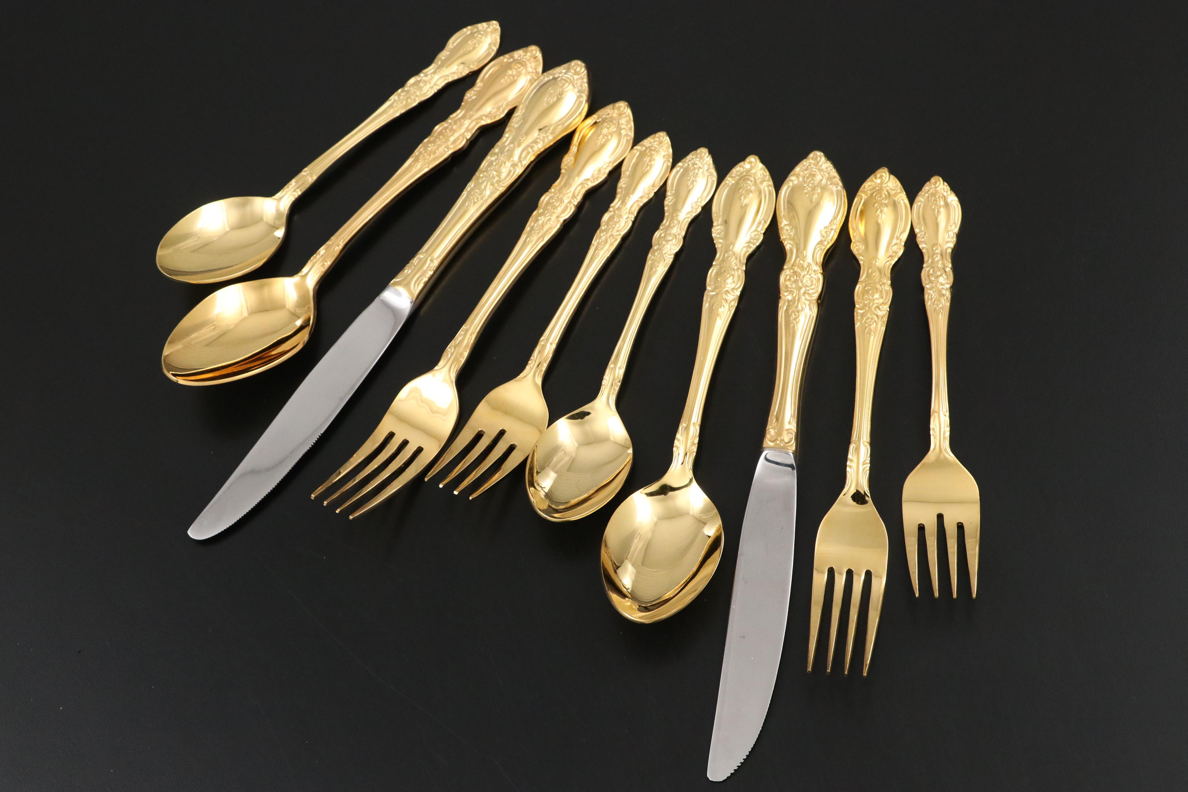 Supreme Cutlery by Towle Gold Finished Stainless Steel Flatware with Brass Tray