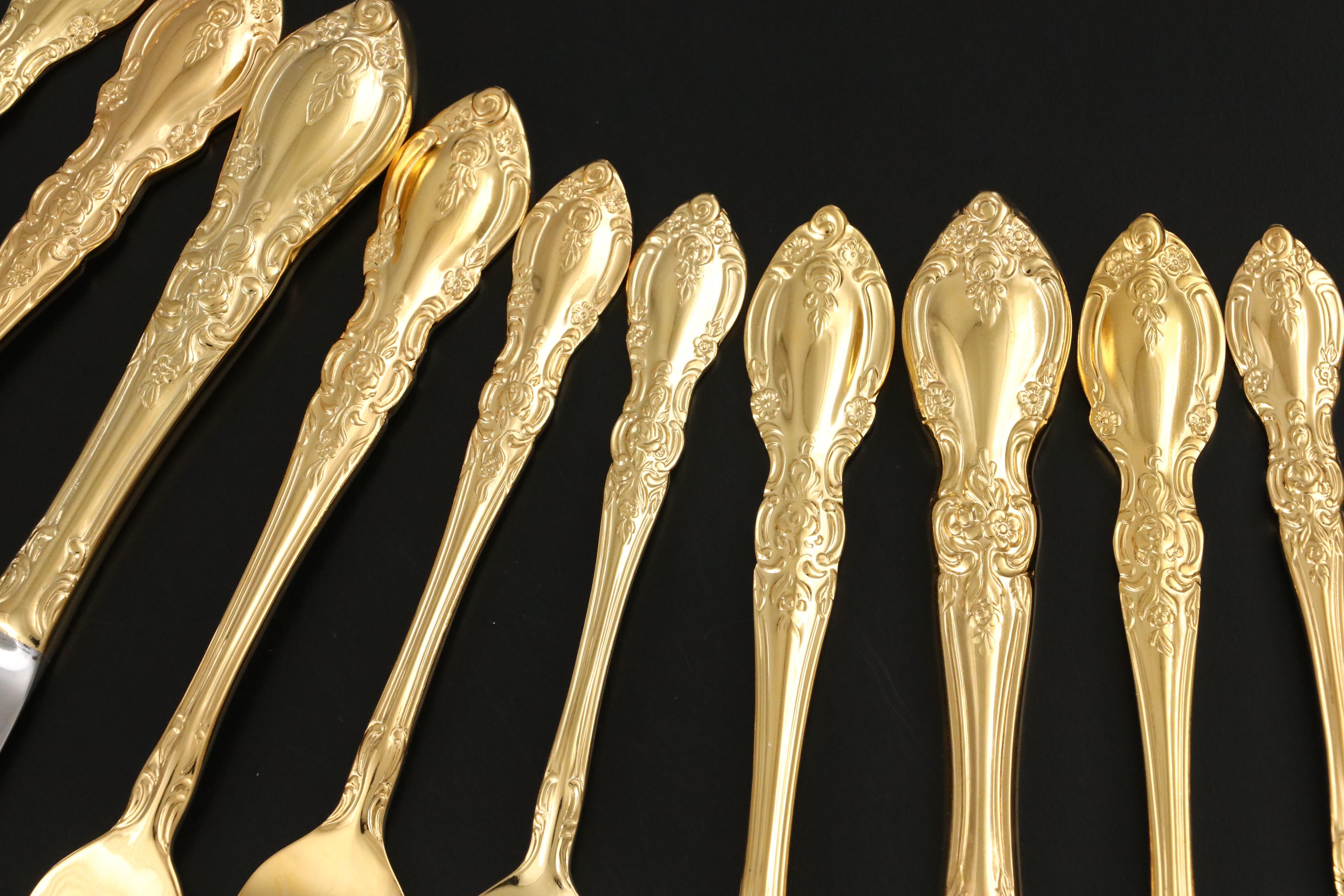 Supreme Cutlery by Towle Gold Finished Stainless Steel Flatware with Brass Tray