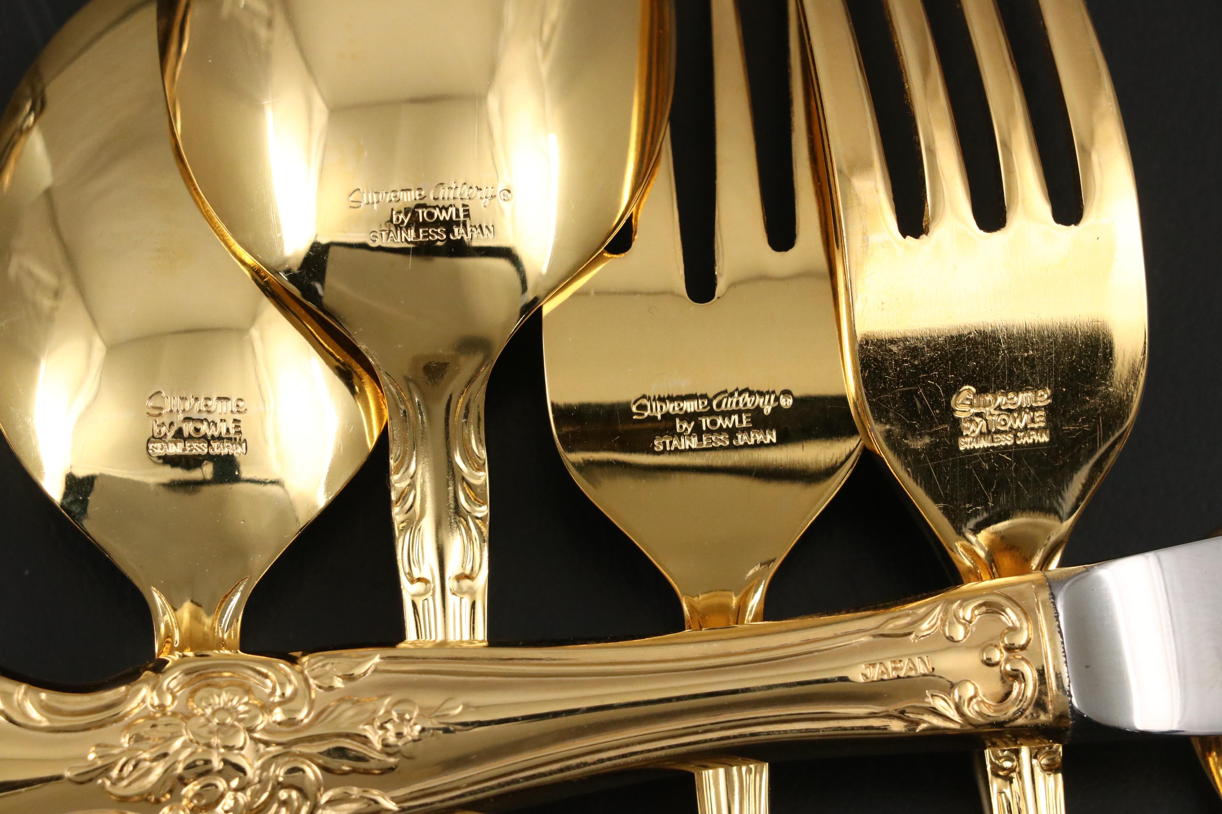 Supreme Cutlery by Towle Gold Finished Stainless Steel Flatware with Brass Tray