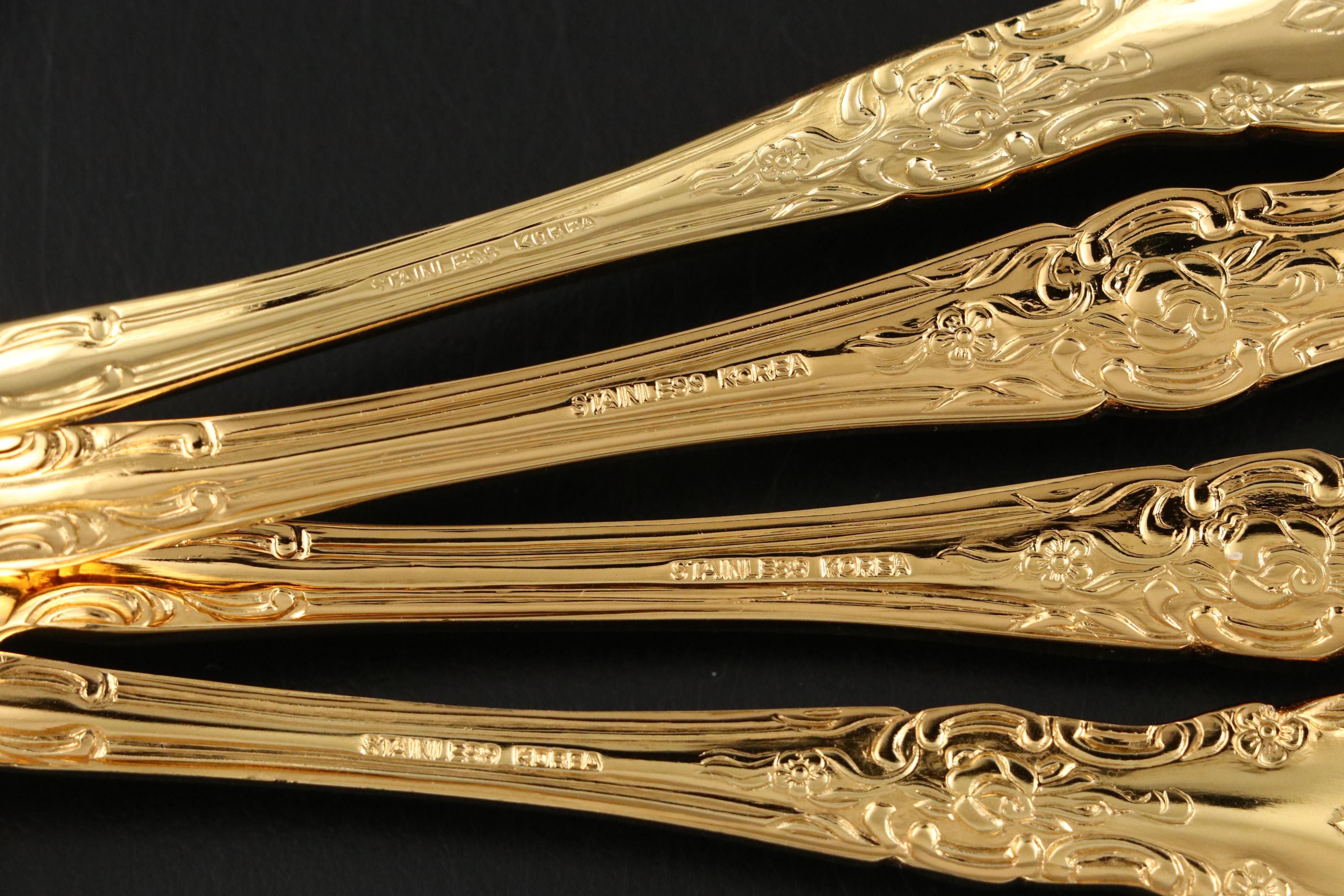 Supreme Cutlery by Towle Gold Finished Stainless Steel Flatware with Brass Tray