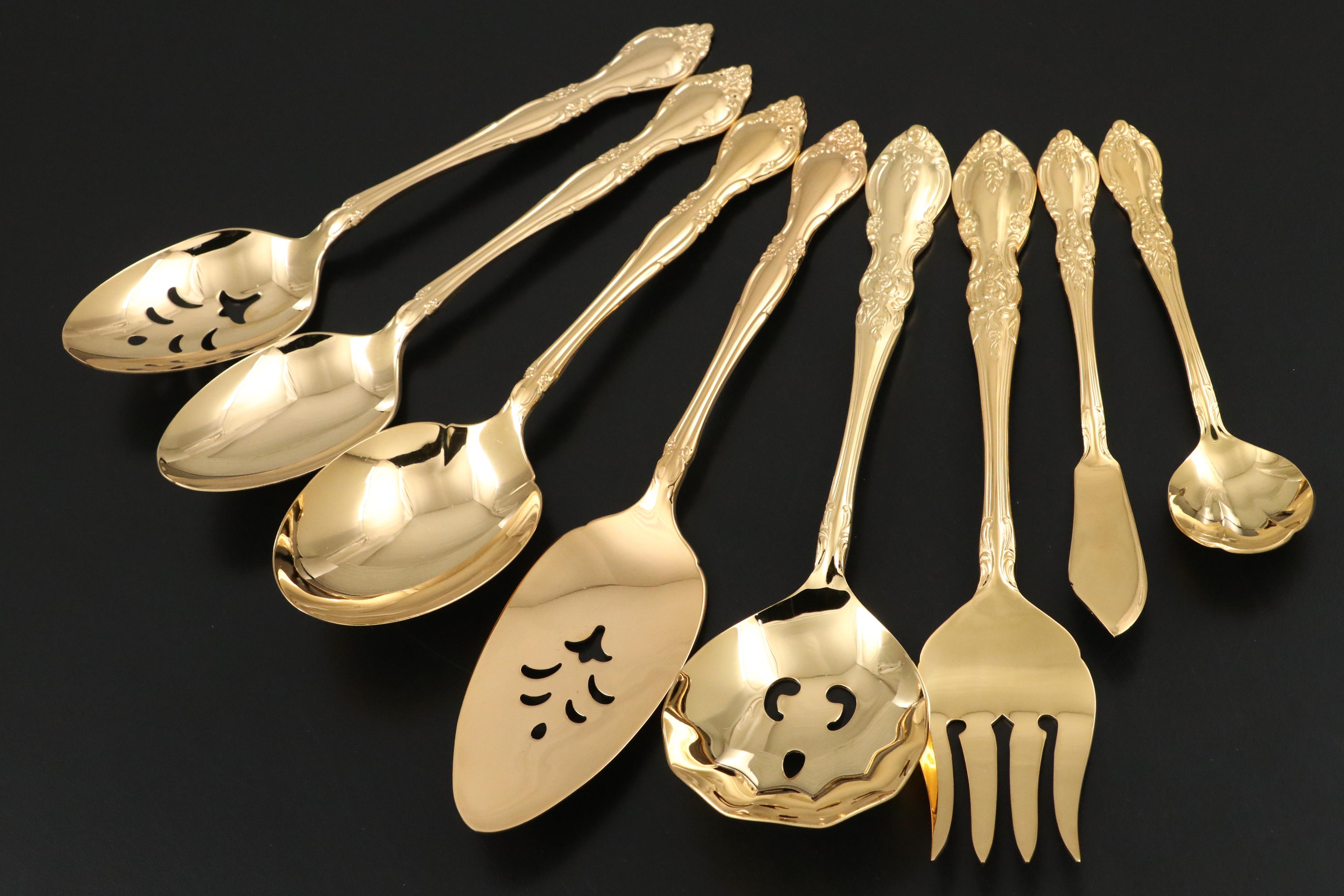 Supreme Cutlery by Towle Gold Finished Stainless Steel Flatware with Brass Tray