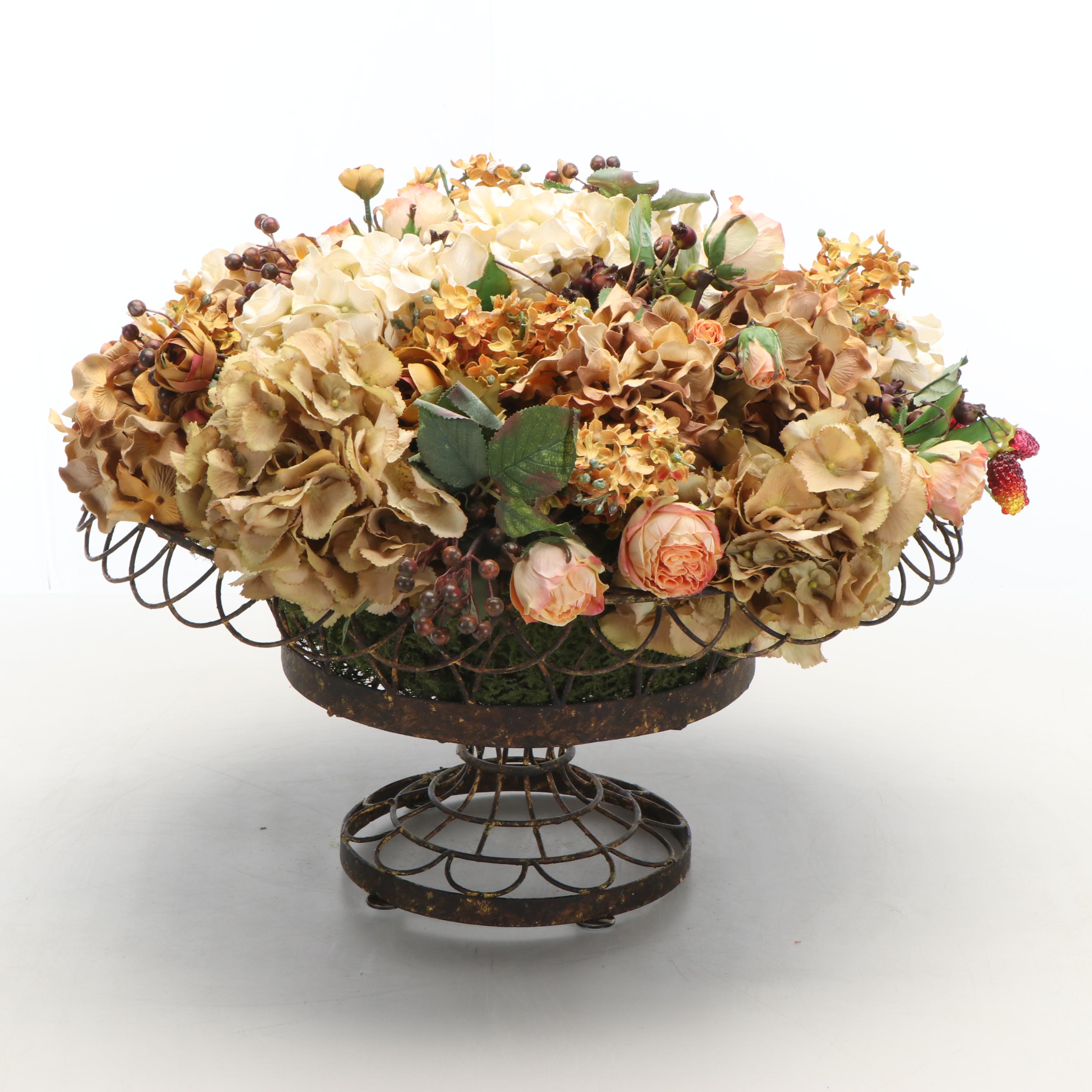 Anne Rice Ltd. Faux Rose and Chrysanthemum Floral Arrangement in Wire Planter