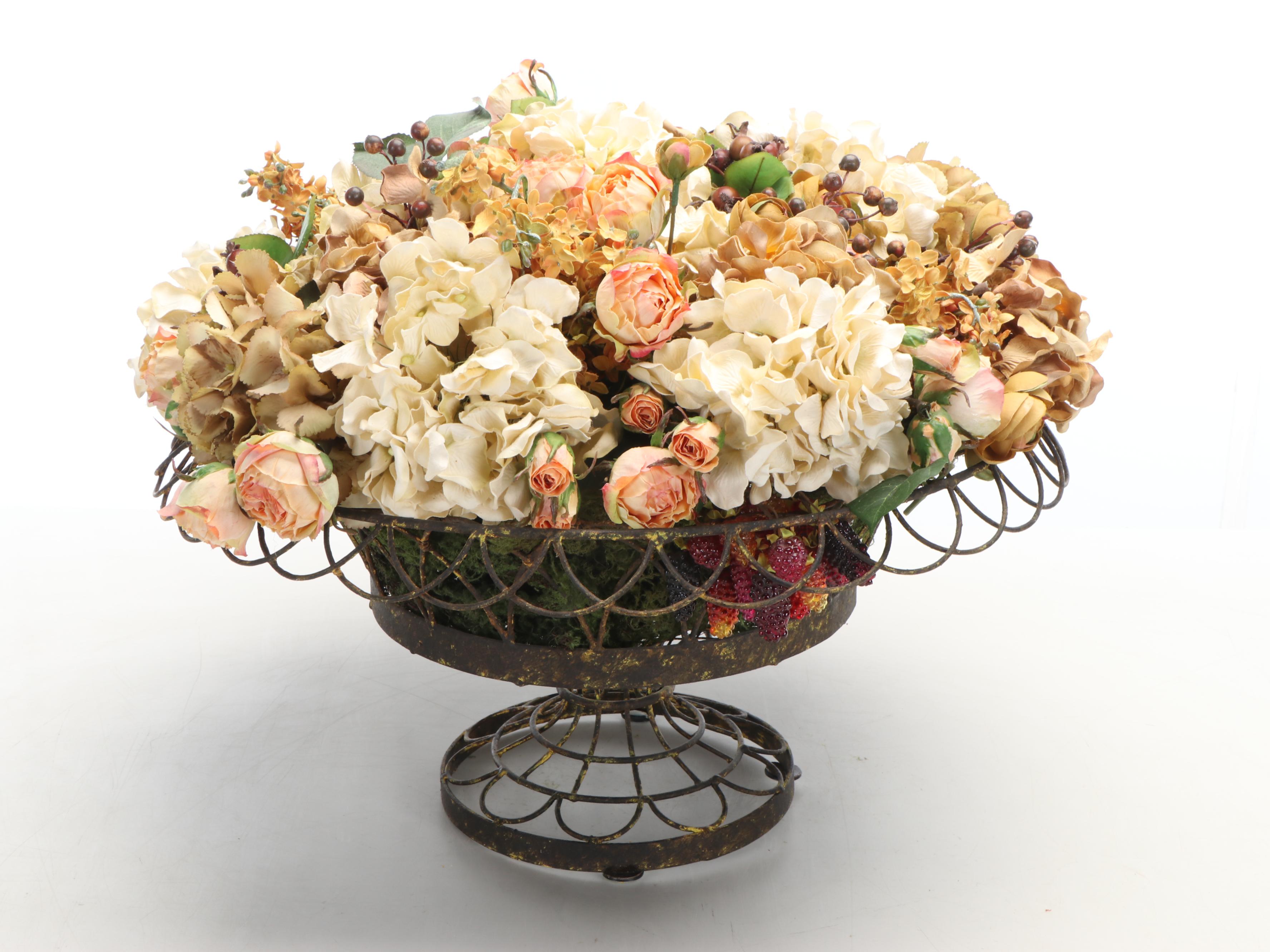 Anne Rice Ltd. Faux Rose and Chrysanthemum Floral Arrangement in Wire Planter