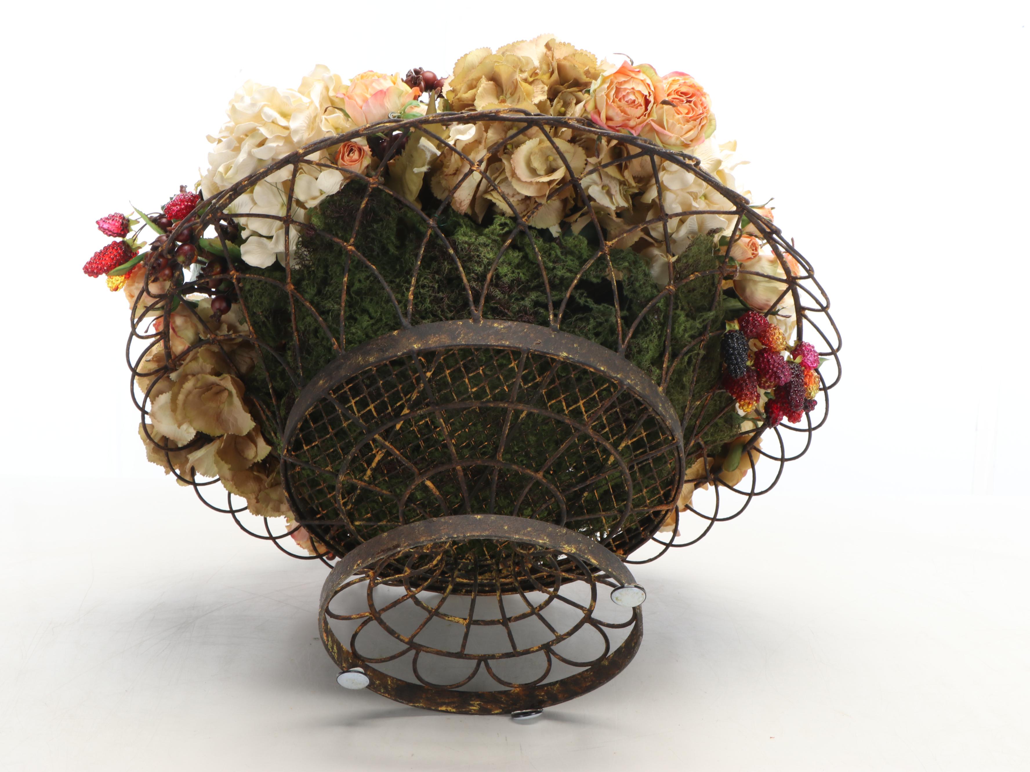 Anne Rice Ltd. Faux Rose and Chrysanthemum Floral Arrangement in Wire Planter