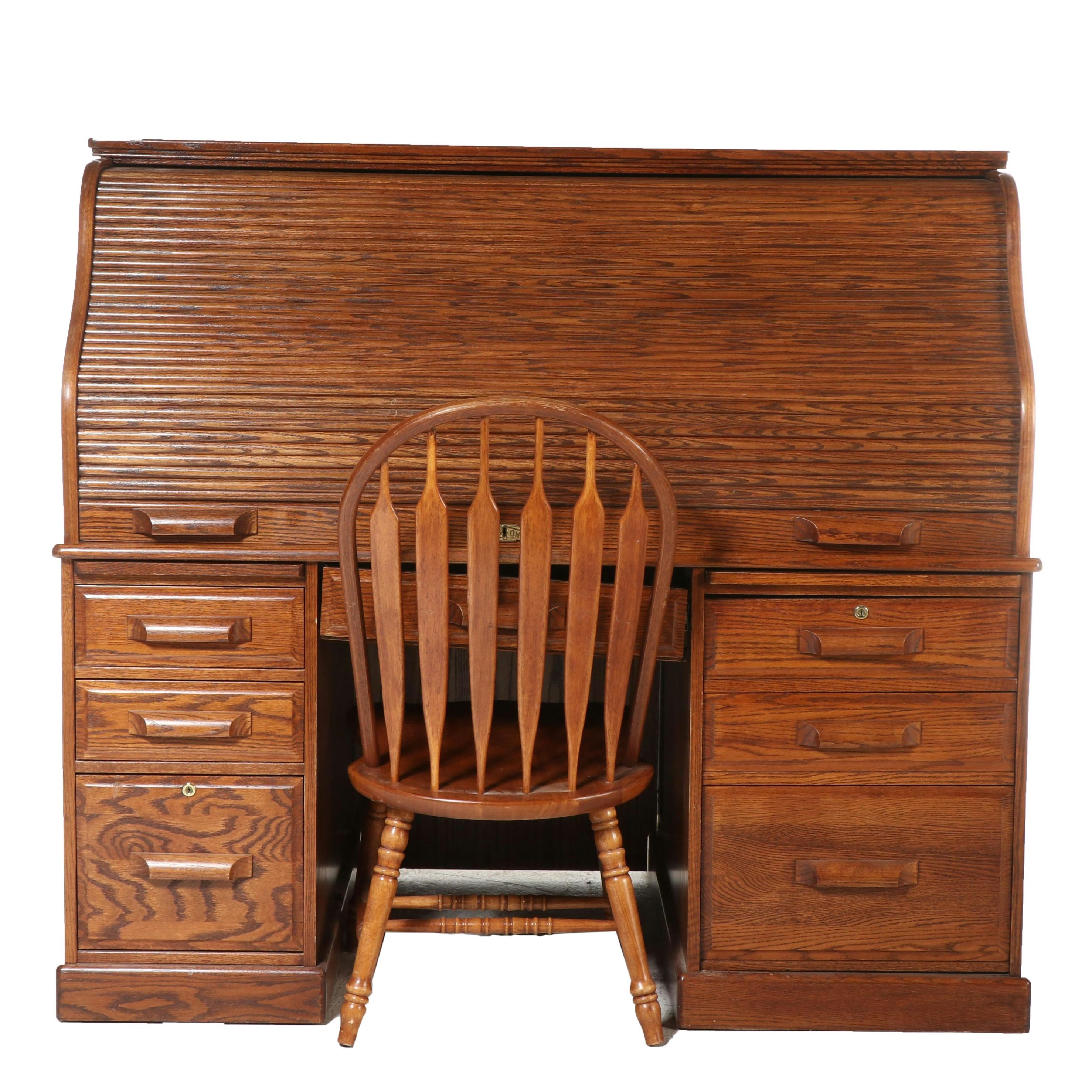 Winners Only Inc. Oak Roll-Top Desk and Chair, Late 20th Century