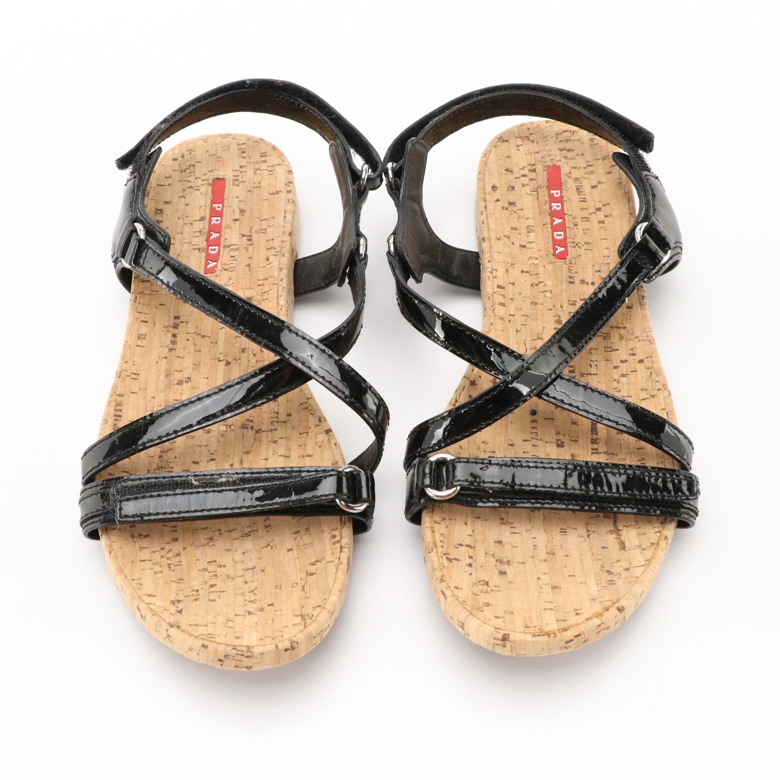 Prada Sport Black Patent Leather Strappy Cork Sole Sandals