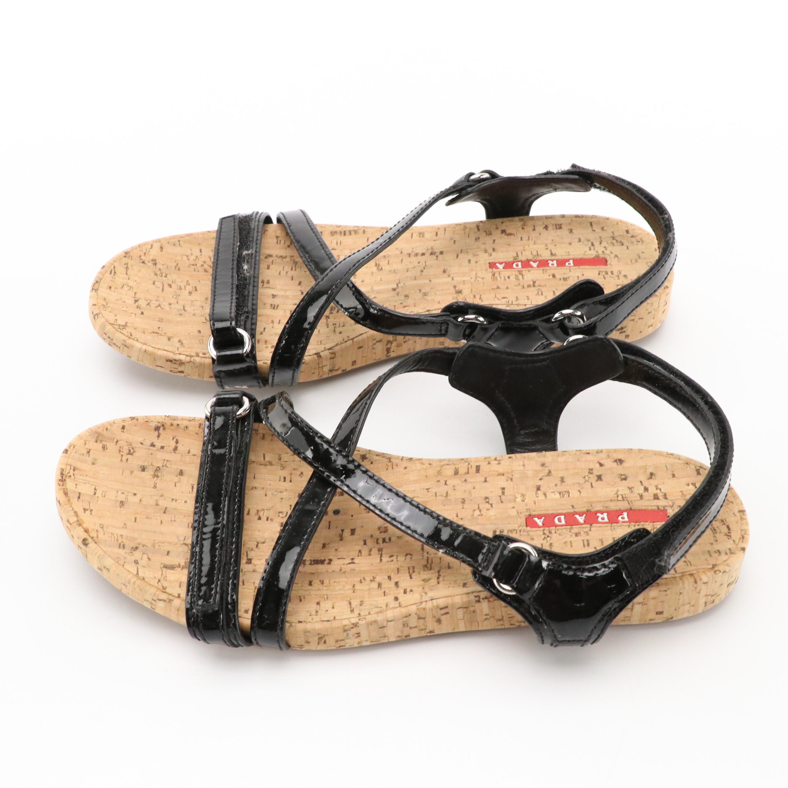 Prada Sport Black Patent Leather Strappy Cork Sole Sandals