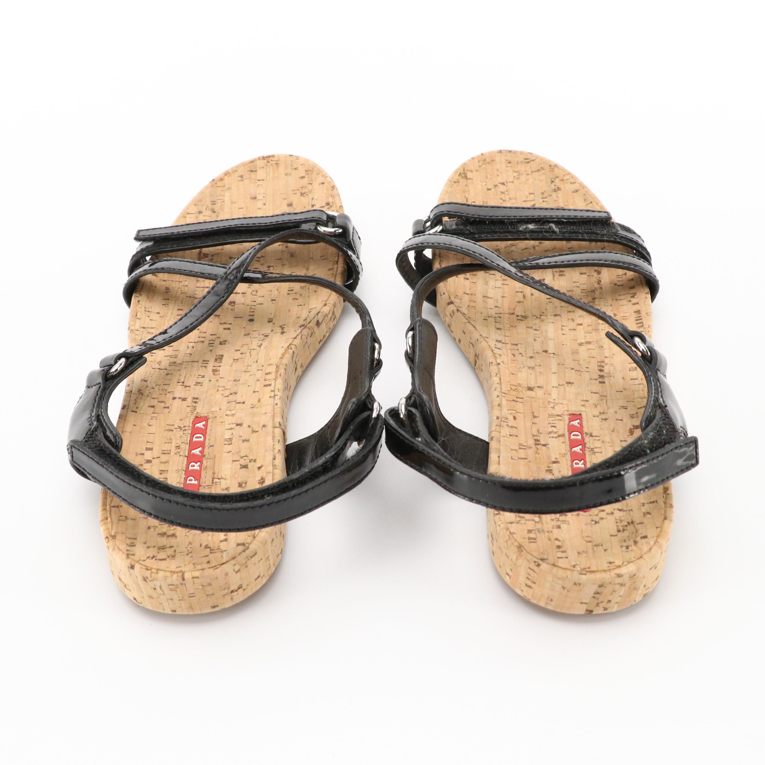 Prada Sport Black Patent Leather Strappy Cork Sole Sandals