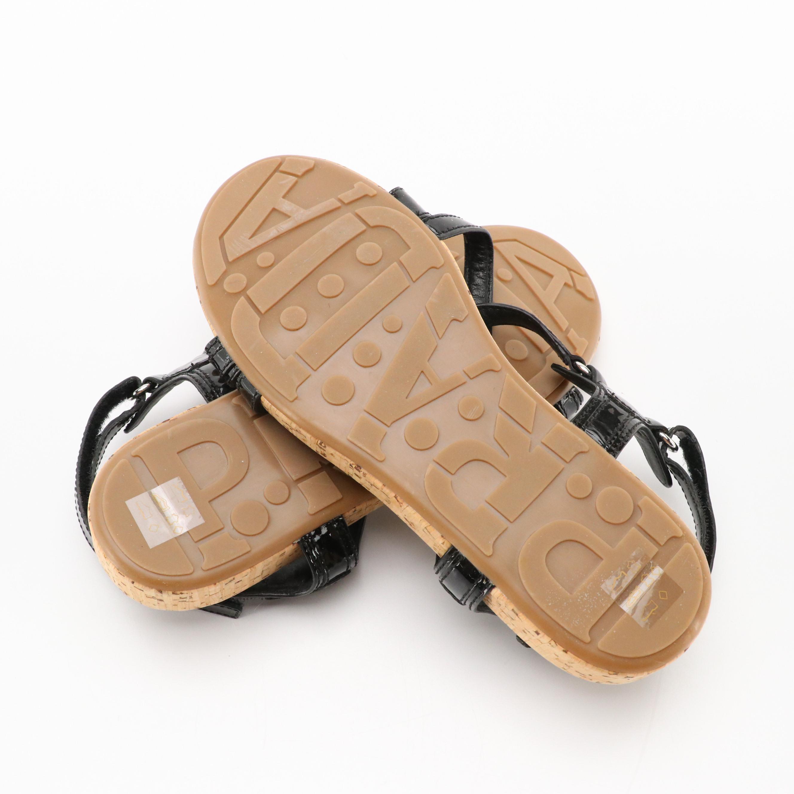 Prada Sport Black Patent Leather Strappy Cork Sole Sandals