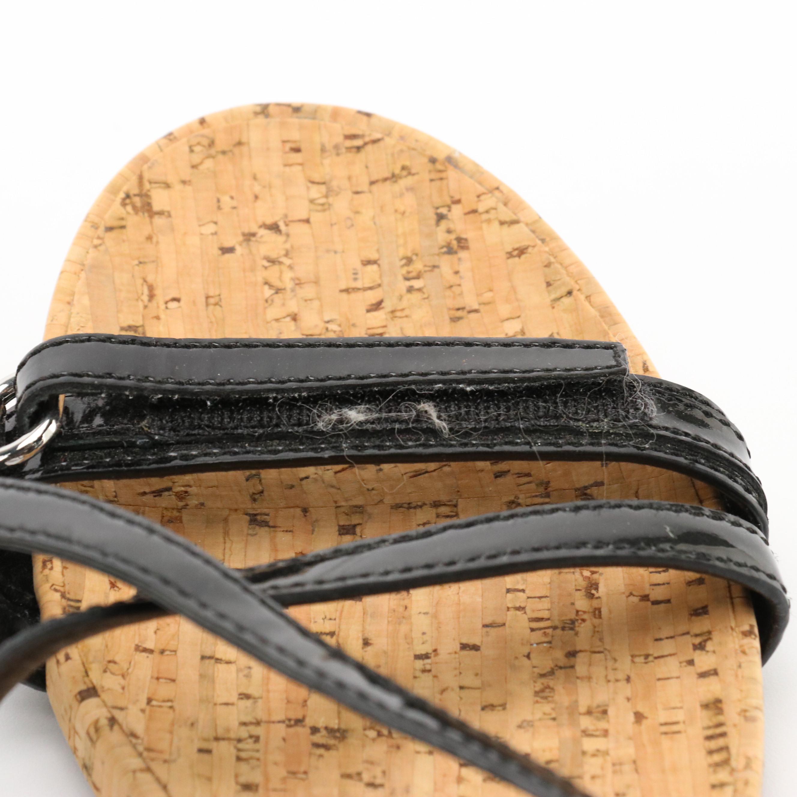 Prada Sport Black Patent Leather Strappy Cork Sole Sandals