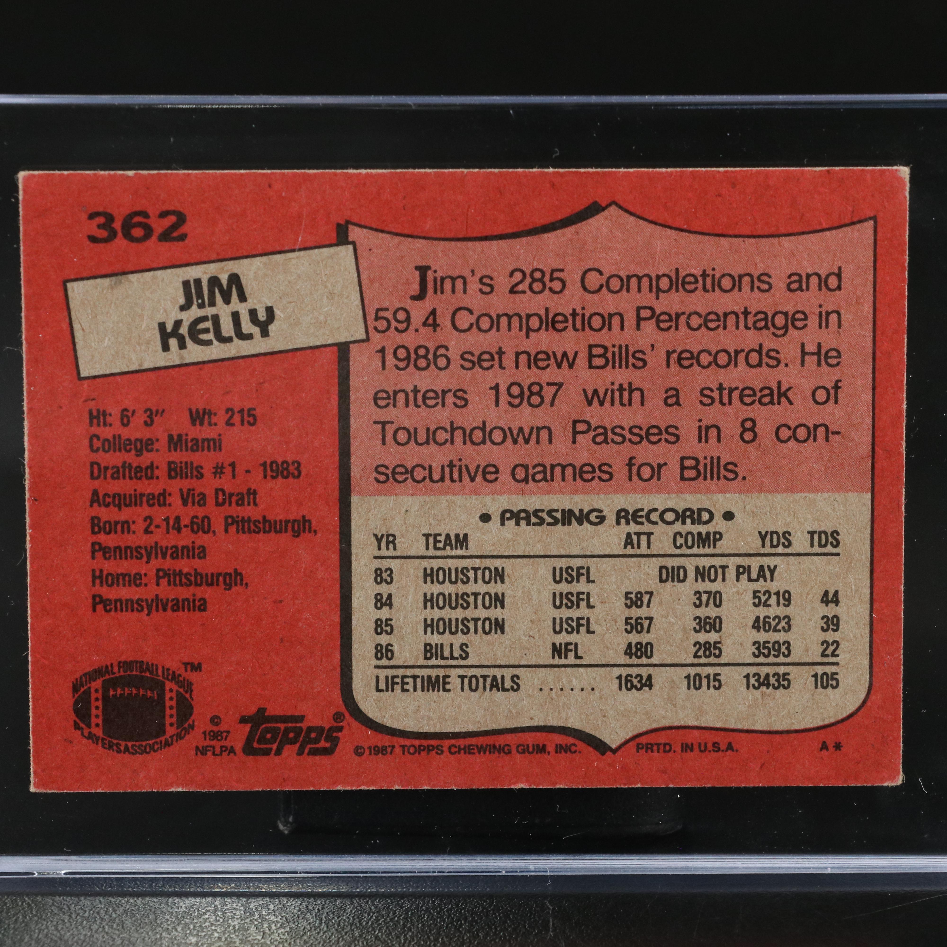 1987 Topps Jim Kelly Buffalo Bills Rookie Football Card