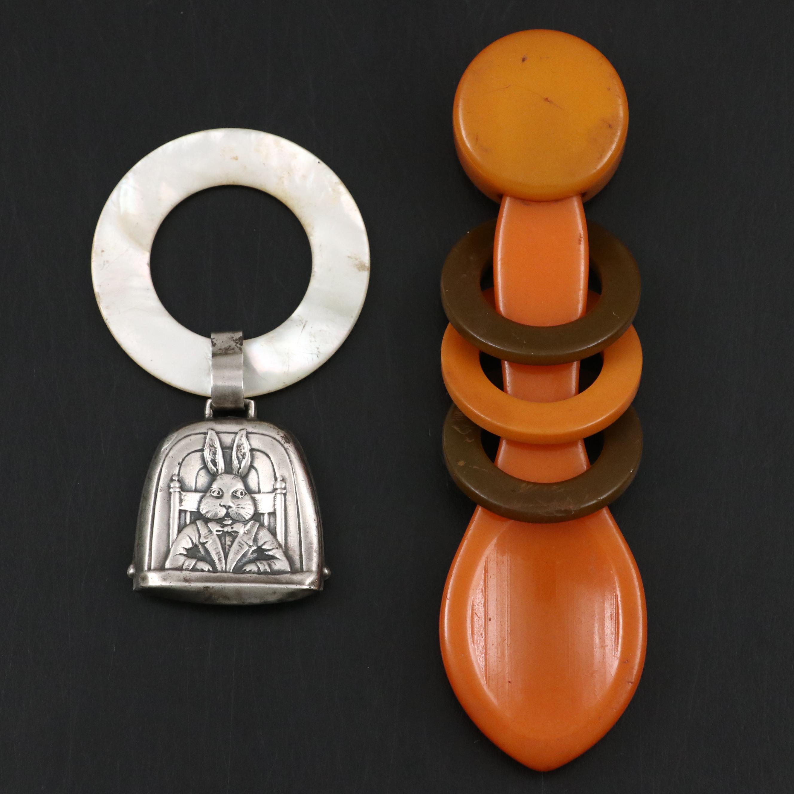 Bakelite Baby Spoon and Rattle with Sterling and Mother-of-Pearl Rattle