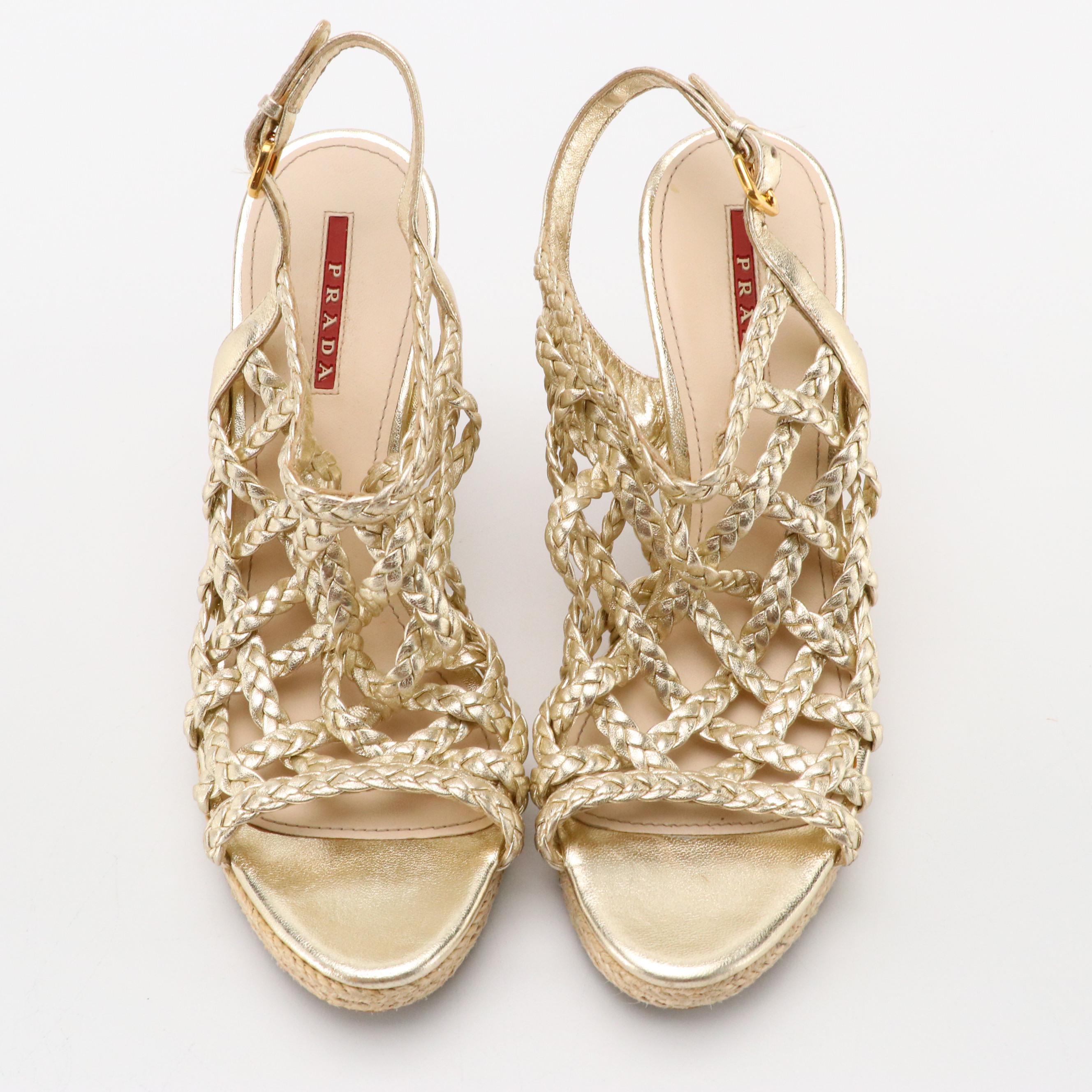 Prada Braided Metallic Leather Cage Slingback Espadrille Wedges