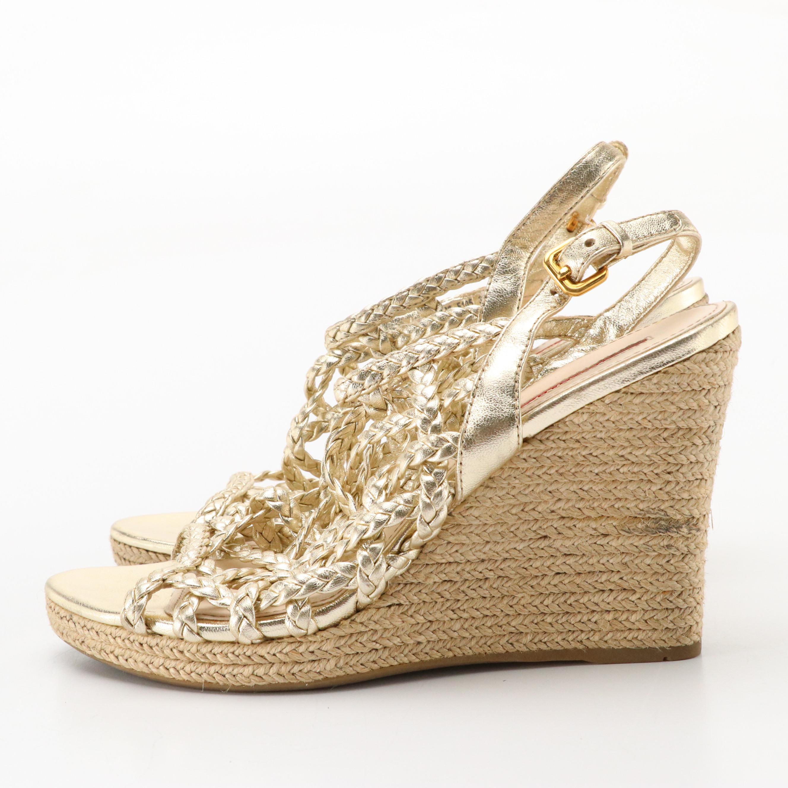 Prada Braided Metallic Leather Cage Slingback Espadrille Wedges