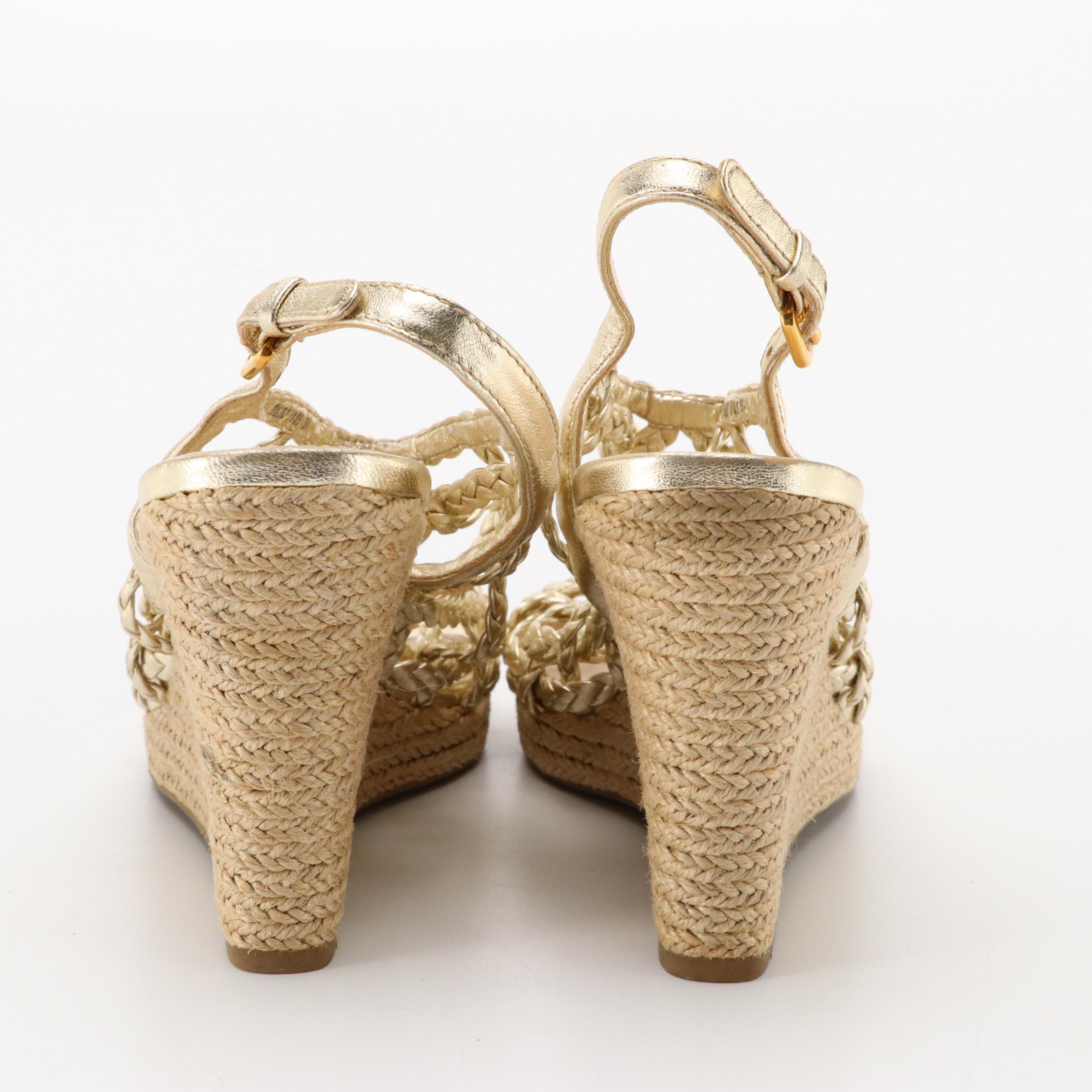 Prada Braided Metallic Leather Cage Slingback Espadrille Wedges
