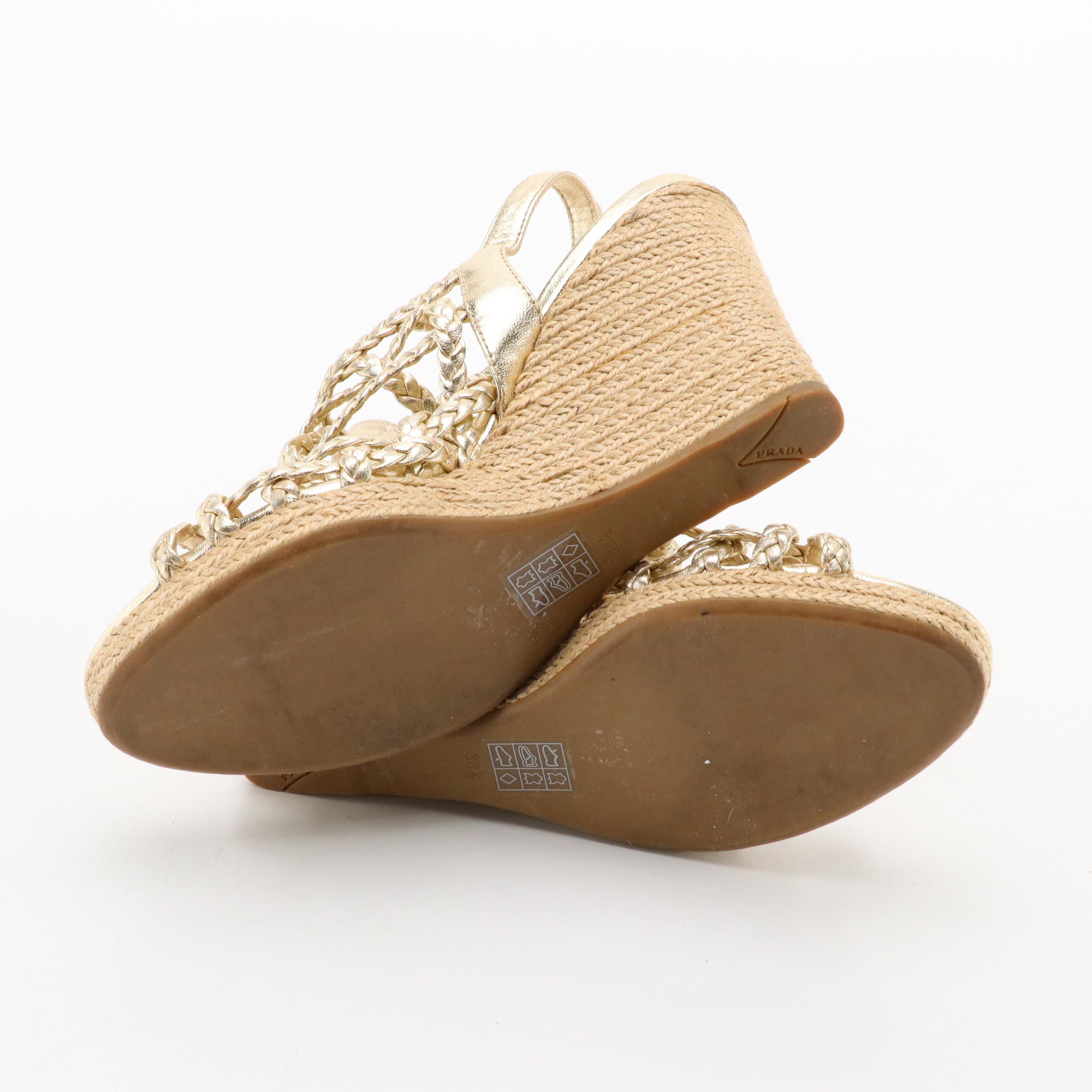 Prada Braided Metallic Leather Cage Slingback Espadrille Wedges