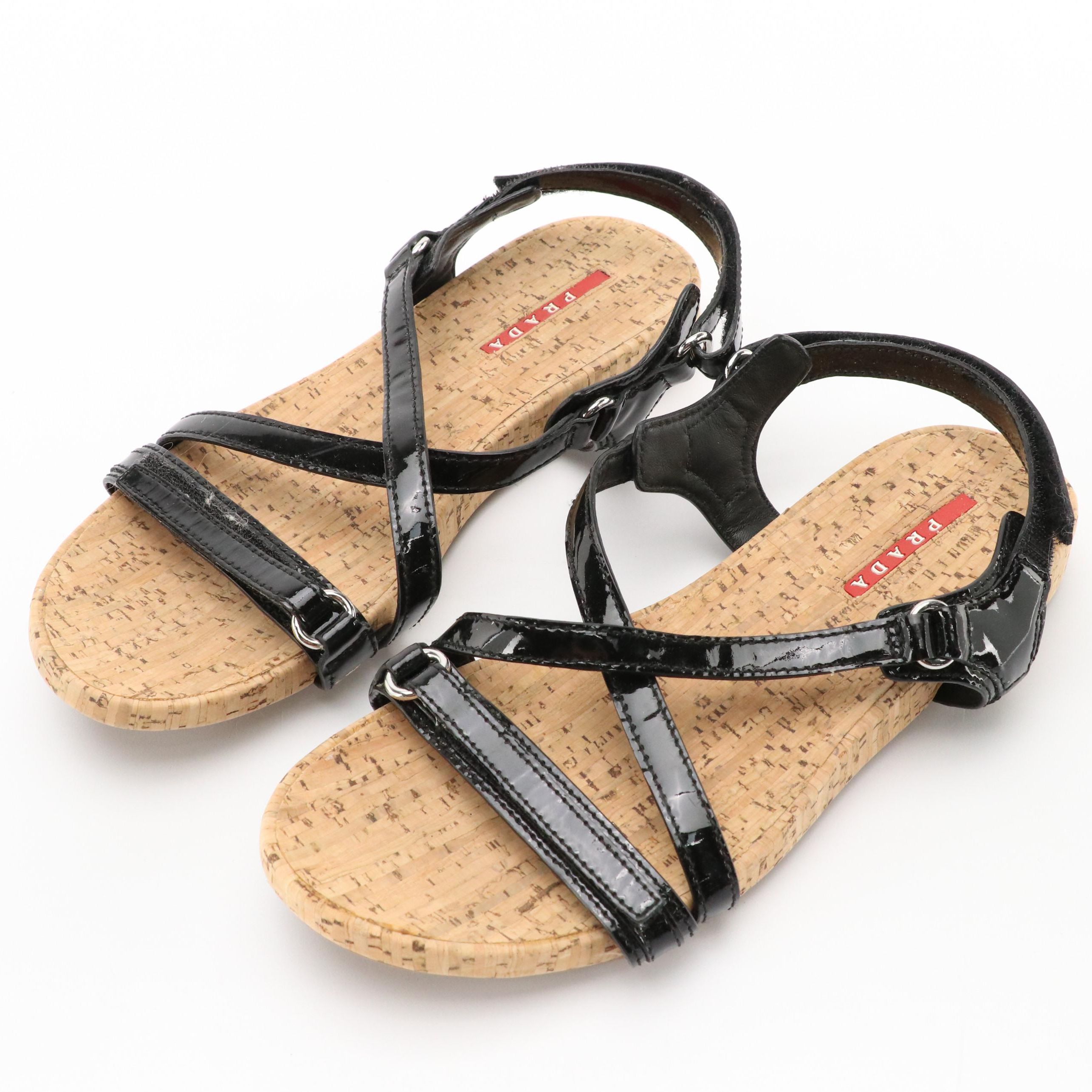 Prada Sport Black Patent Leather Strappy Cork Sole Sandals