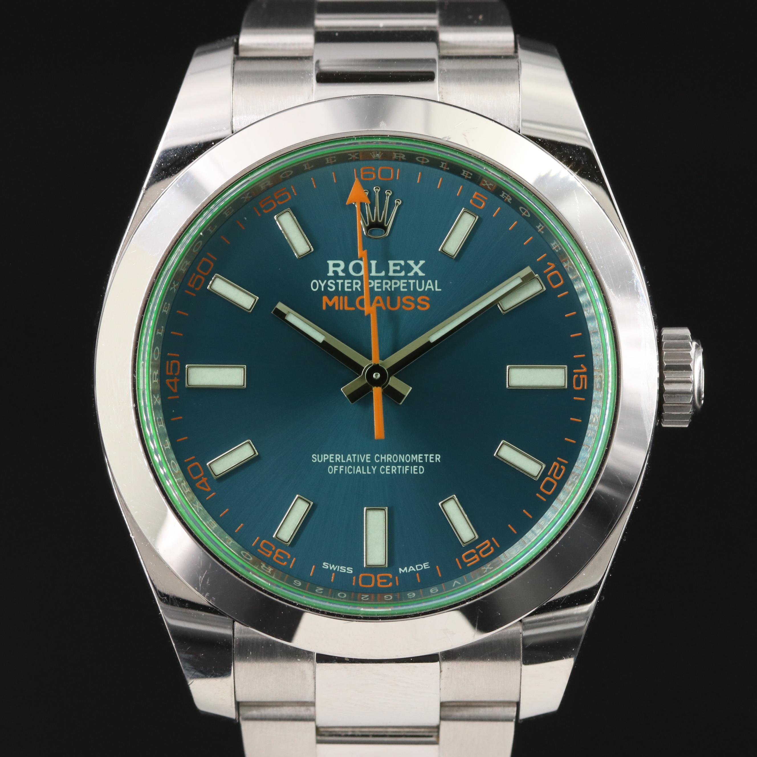 2018 Rolex Oyster Perpetual Milgauss Blue Dial with Green Sapphire Crystal Watch