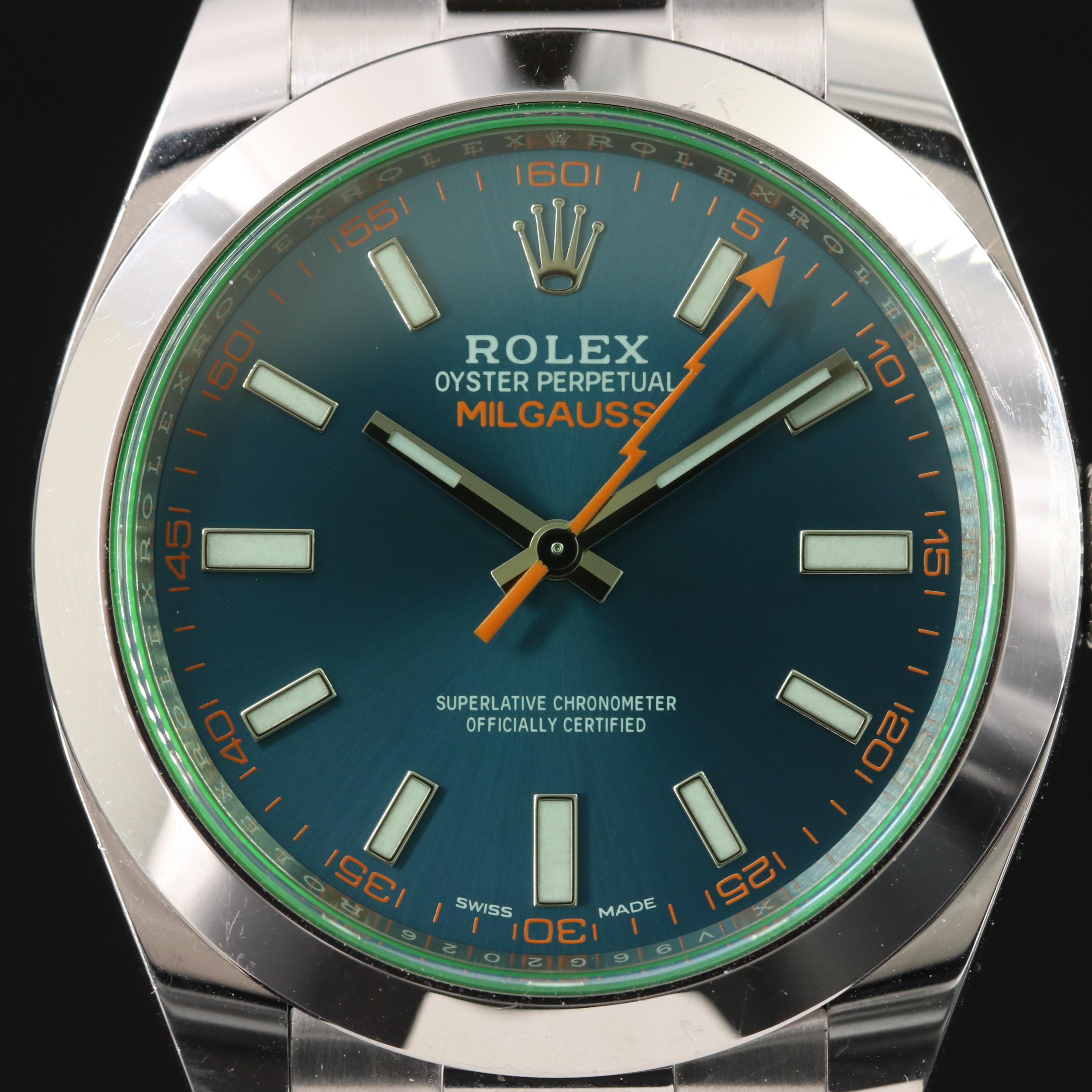 2018 Rolex Oyster Perpetual Milgauss Blue Dial with Green Sapphire Crystal Watch