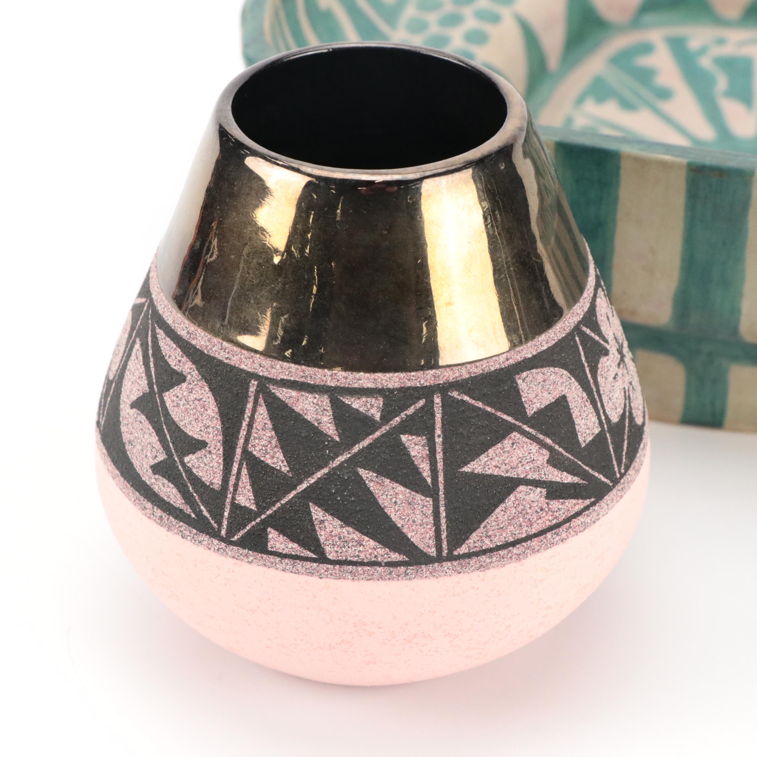 Nemadji Pottery and Craig White Eagle Vases with Other Bowl