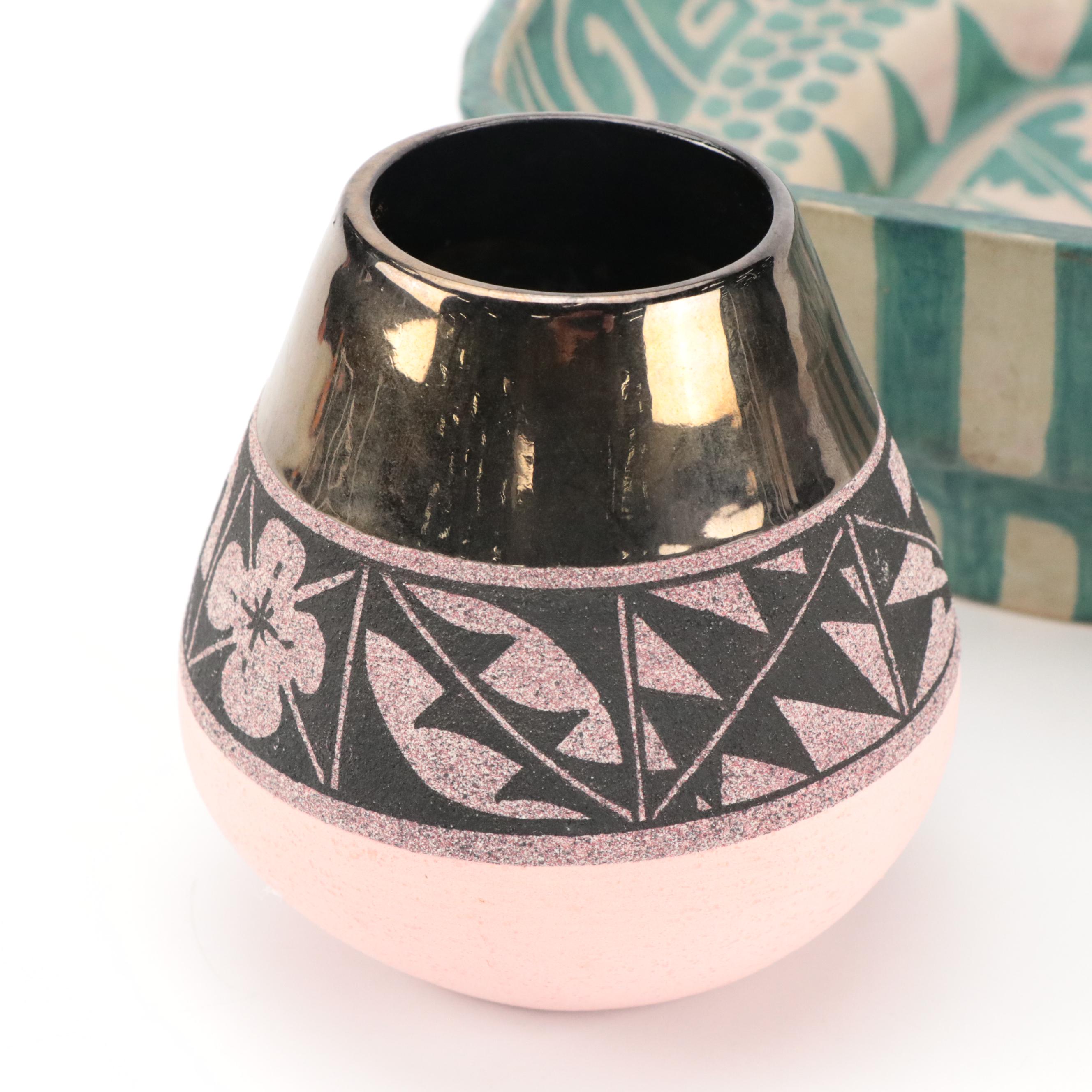 Nemadji Pottery and Craig White Eagle Vases with Other Bowl