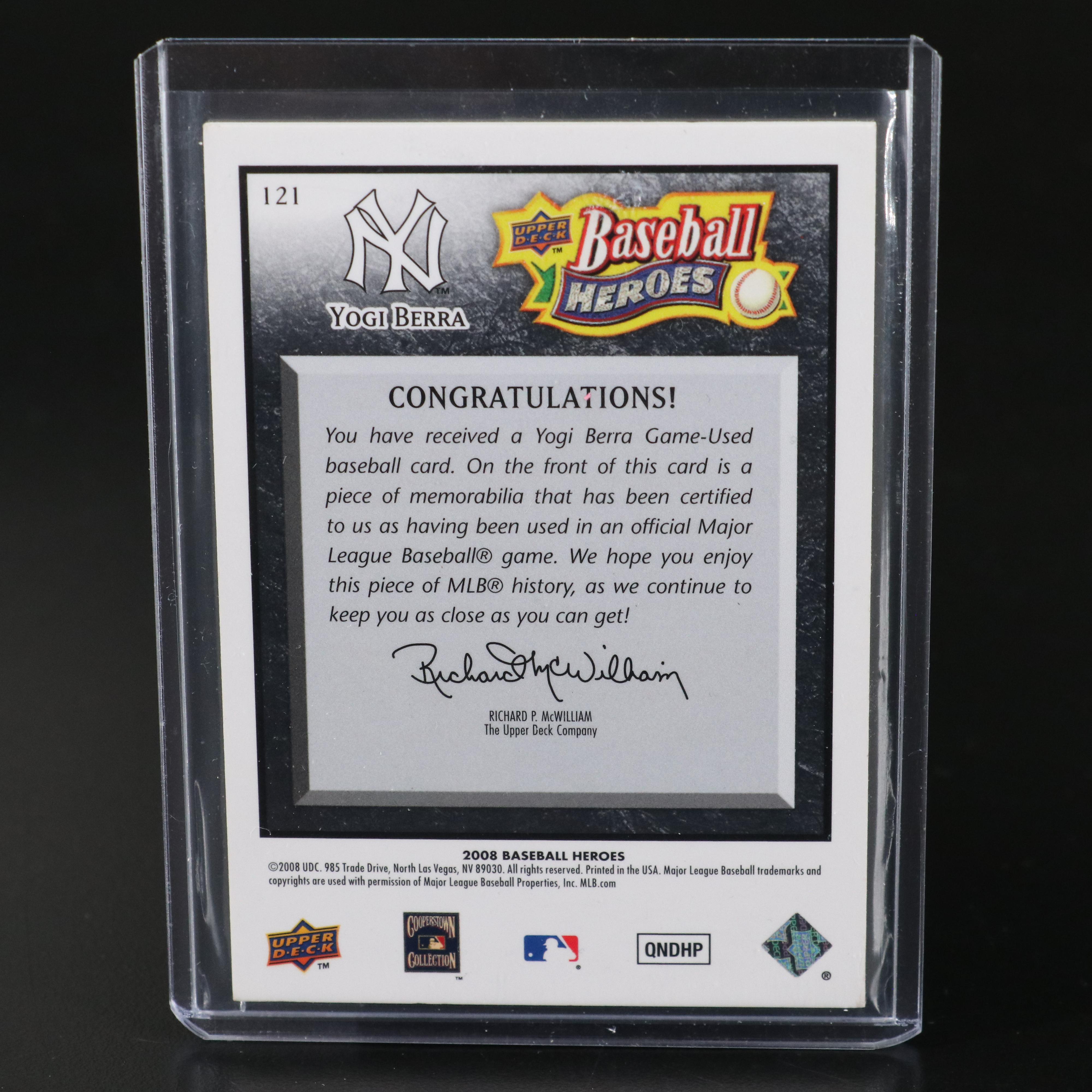 2008 Upper Deck Yogi Berra Baseball Heroes New York Yankees Relic Card