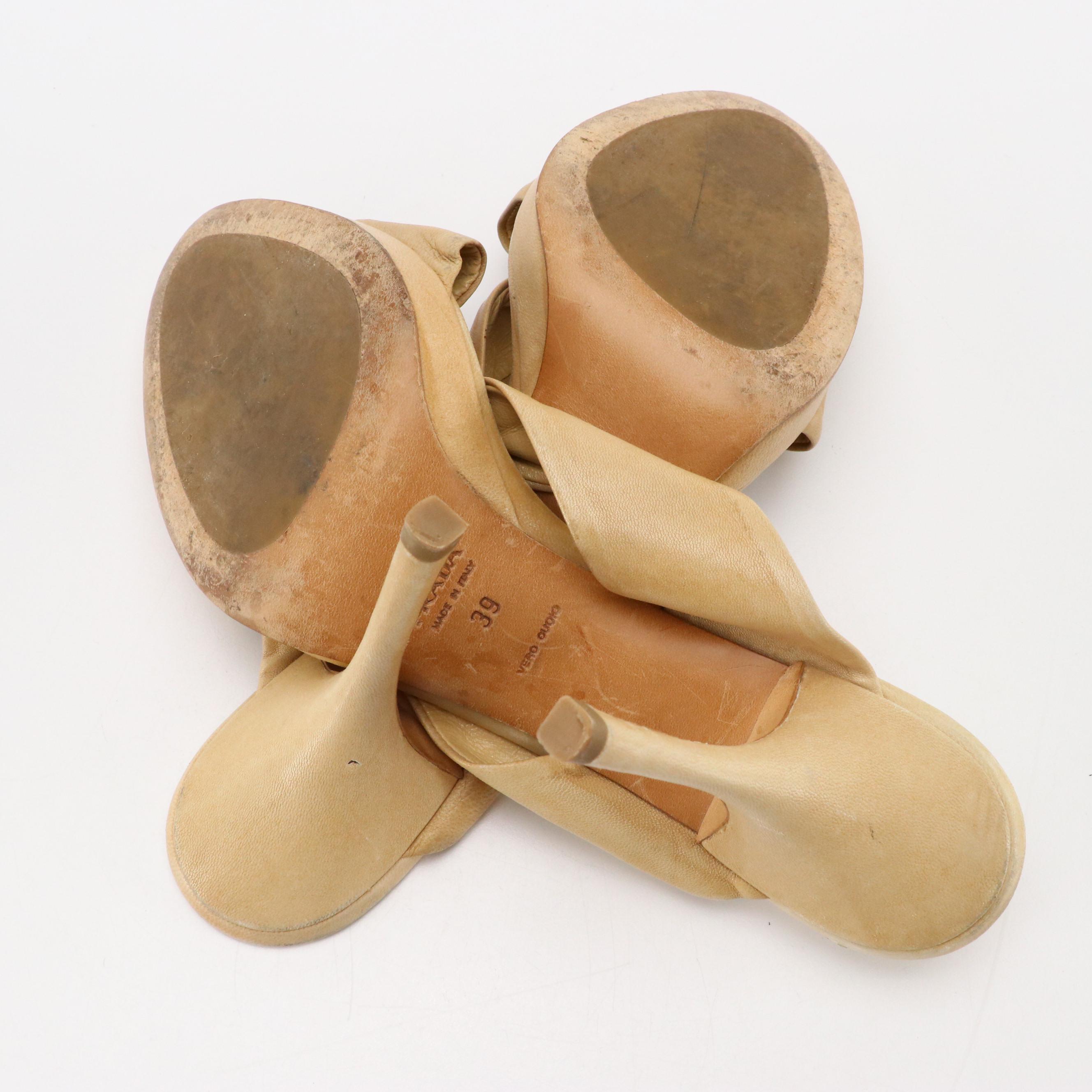 Prada Knotted Strap Platform Sandals in Neutral Leather