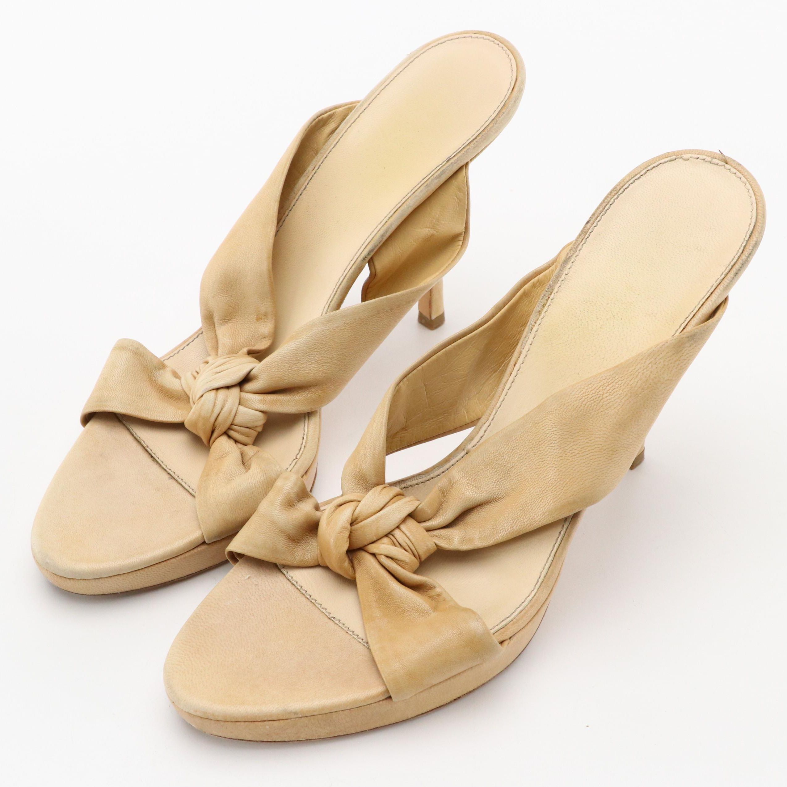 Prada Knotted Strap Platform Sandals in Neutral Leather