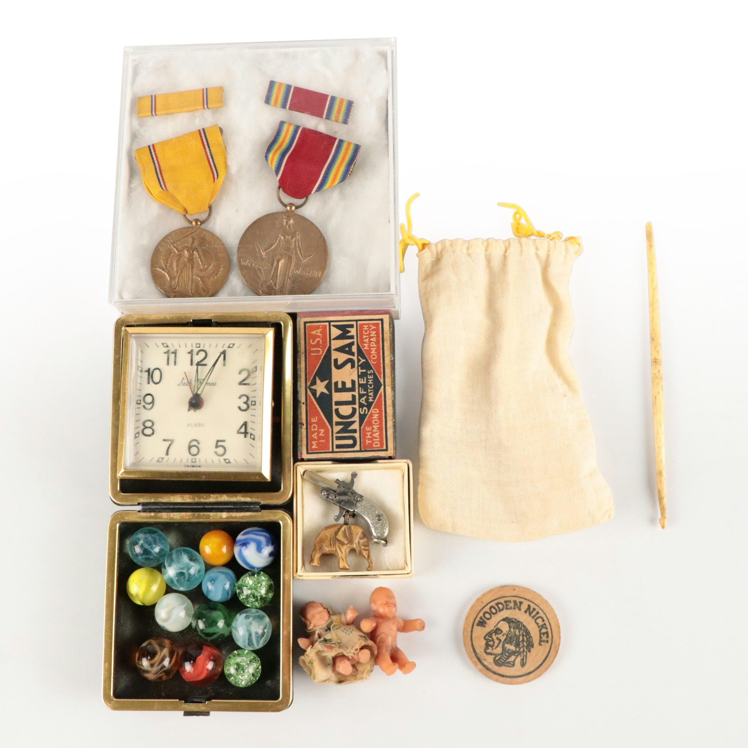 WWII Era Victory and American Defense Medals with Clock, Marbles and More