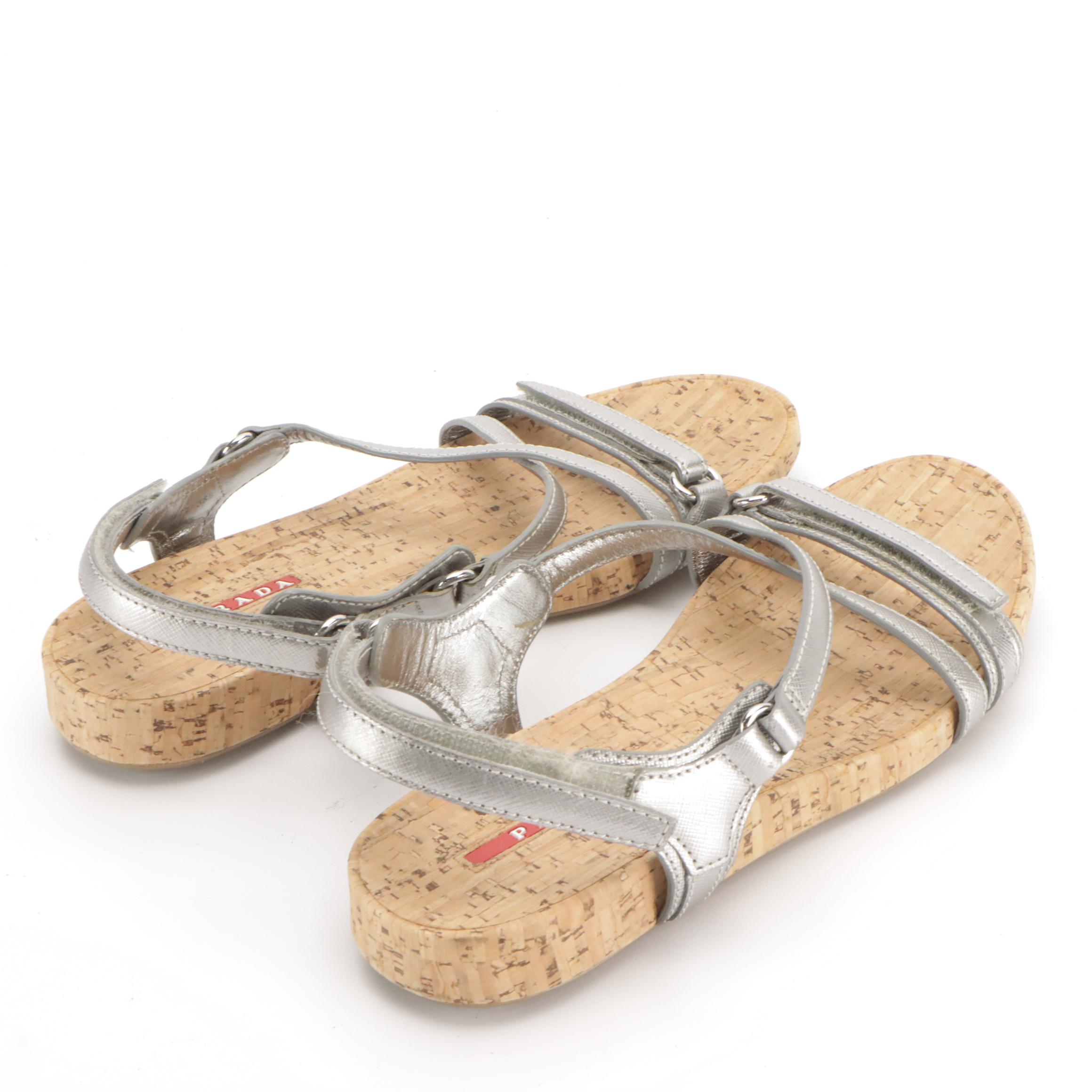 Prada Sport Strappy Silver Saffiano Leather Cork Sole Sandals