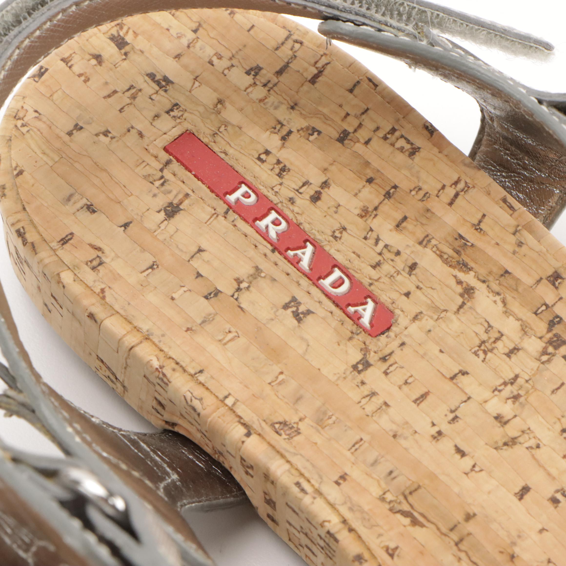 Prada Sport Strappy Silver Saffiano Leather Cork Sole Sandals
