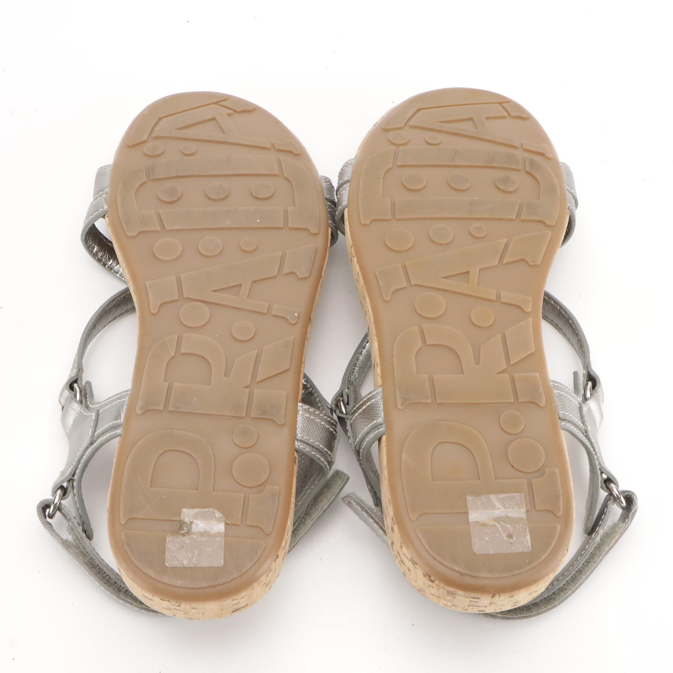 Prada Sport Strappy Silver Saffiano Leather Cork Sole Sandals