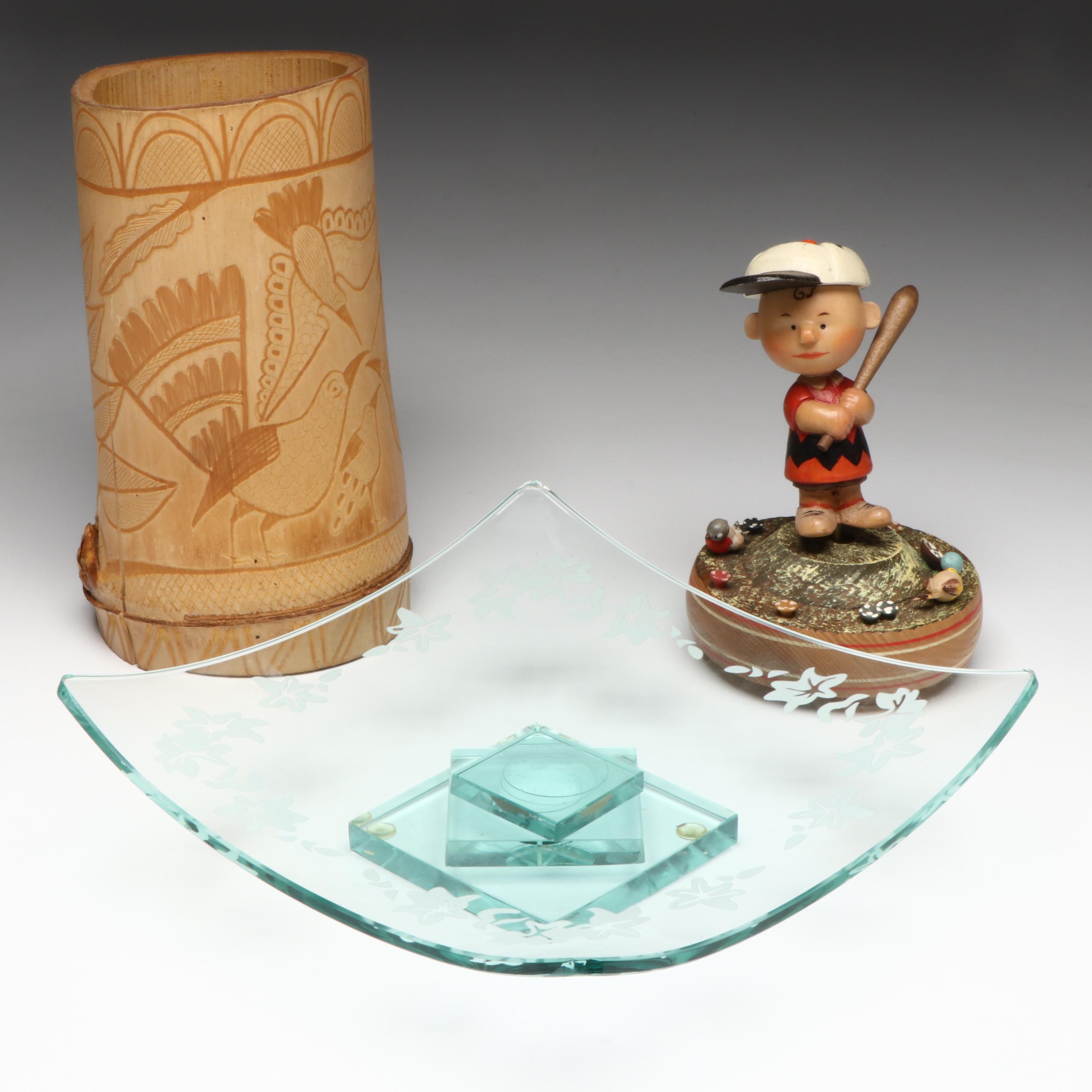 United Features Syndicate Music Box, Carved Wooden Vase and Glass Dish