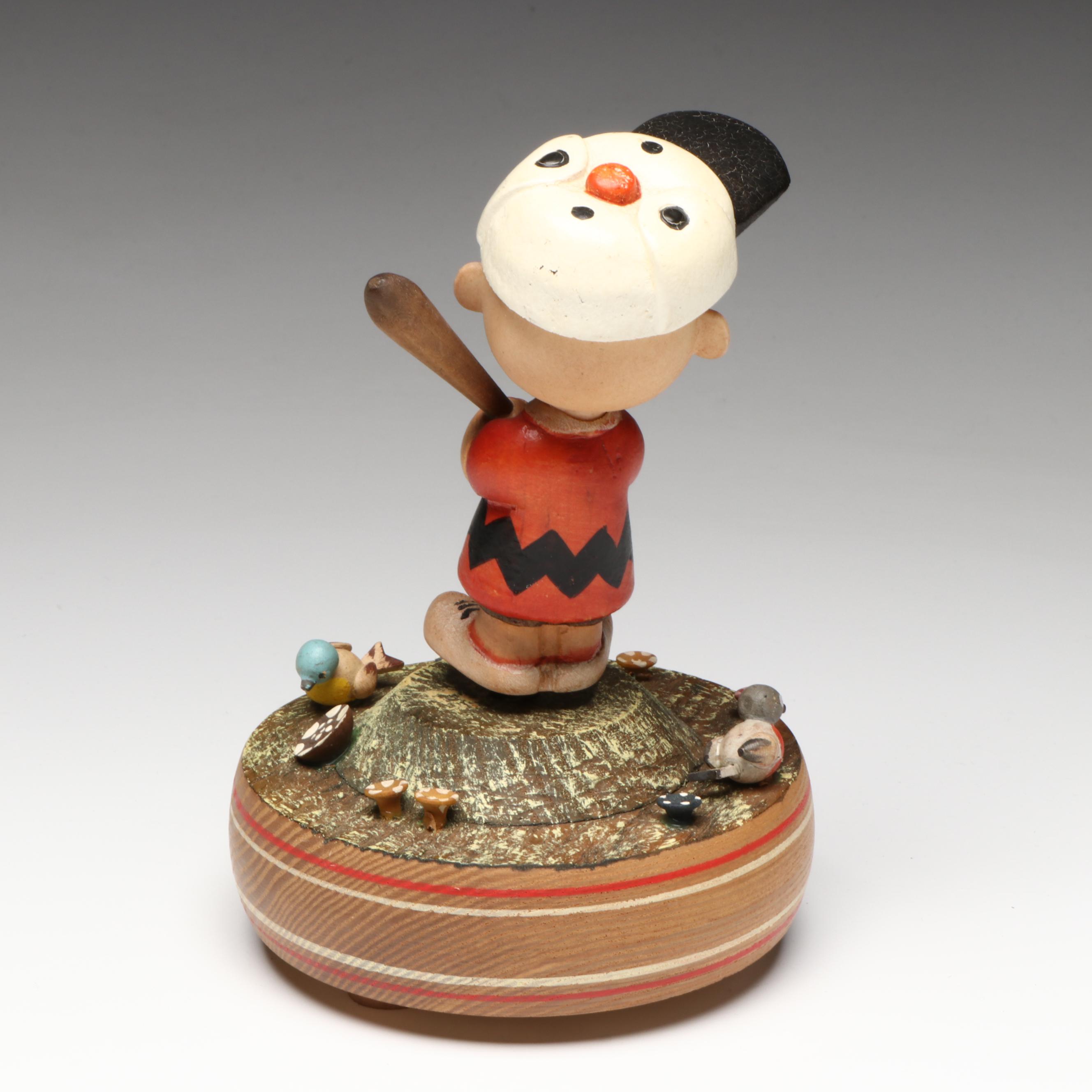 United Features Syndicate Music Box, Carved Wooden Vase and Glass Dish