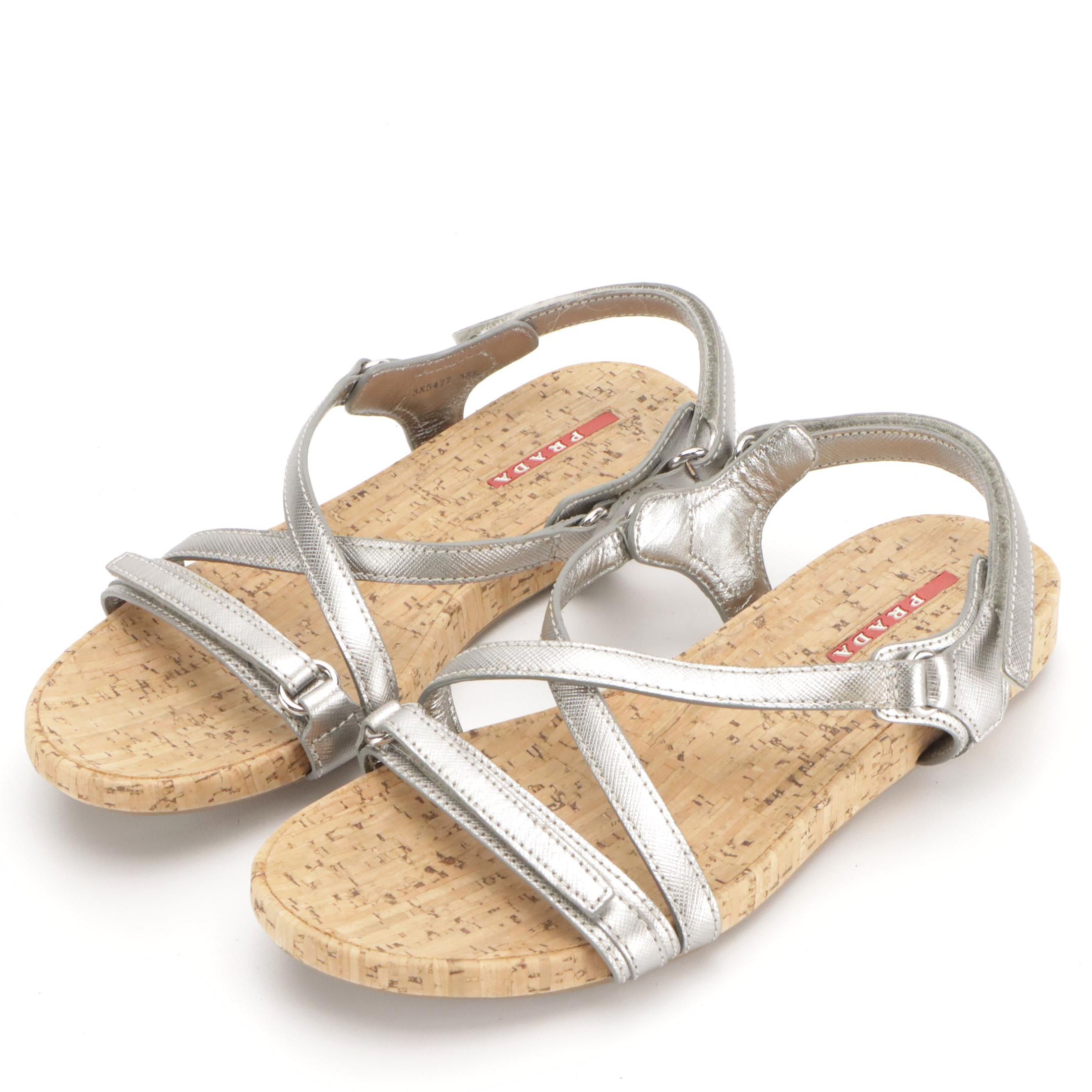 Prada Sport Strappy Silver Saffiano Leather Cork Sole Sandals