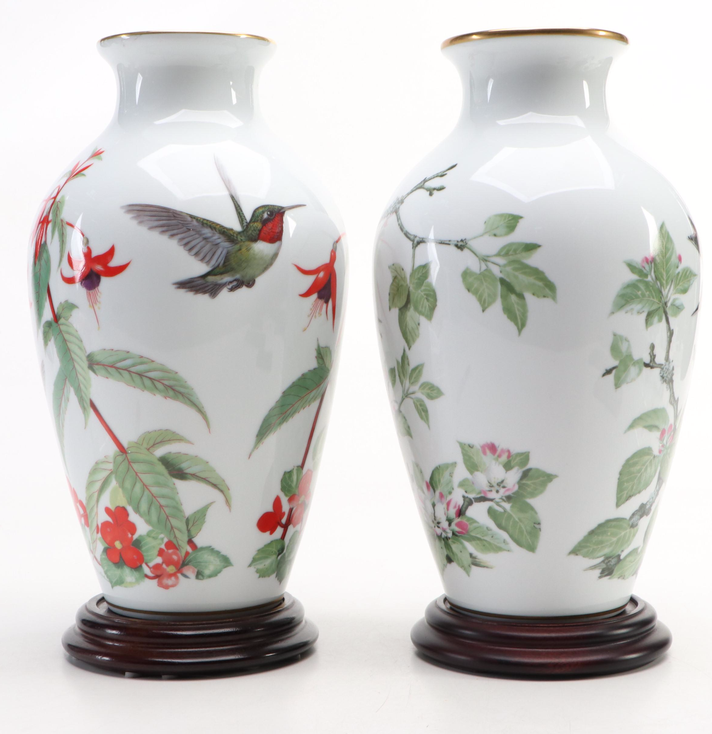 Franklin Mint "Garden Bird" and "Woodland Bird" Porcelain Vases, 1981