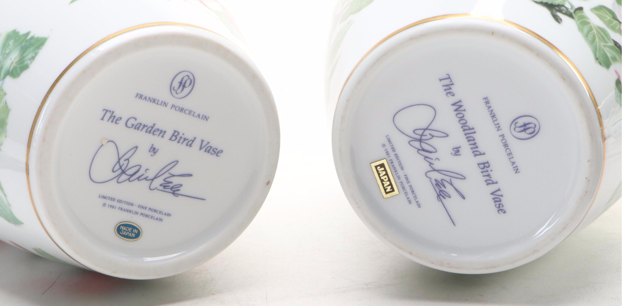 Franklin Mint "Garden Bird" and "Woodland Bird" Porcelain Vases, 1981