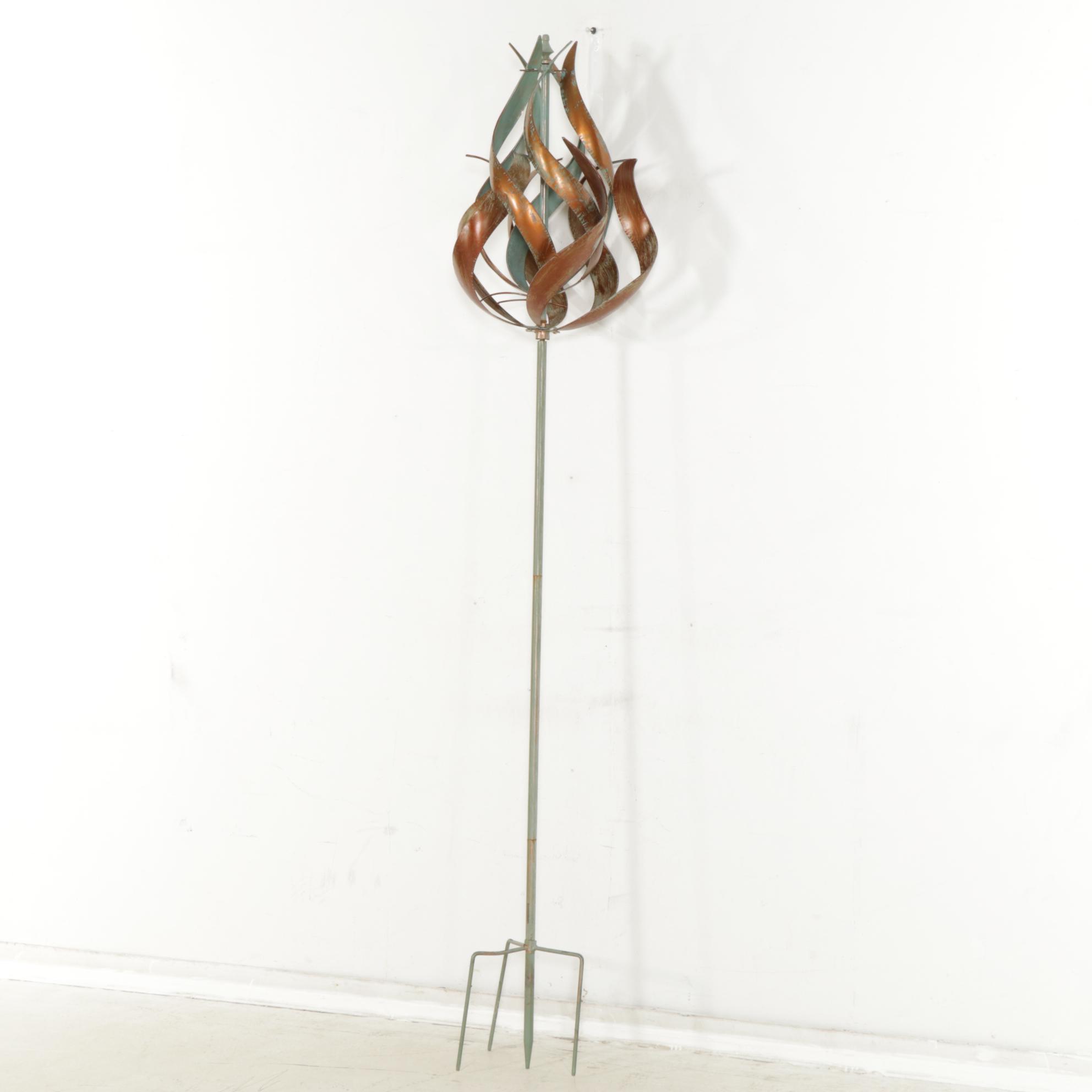 Hammered Copper Flame-Form Kinetic Garden Sculpture