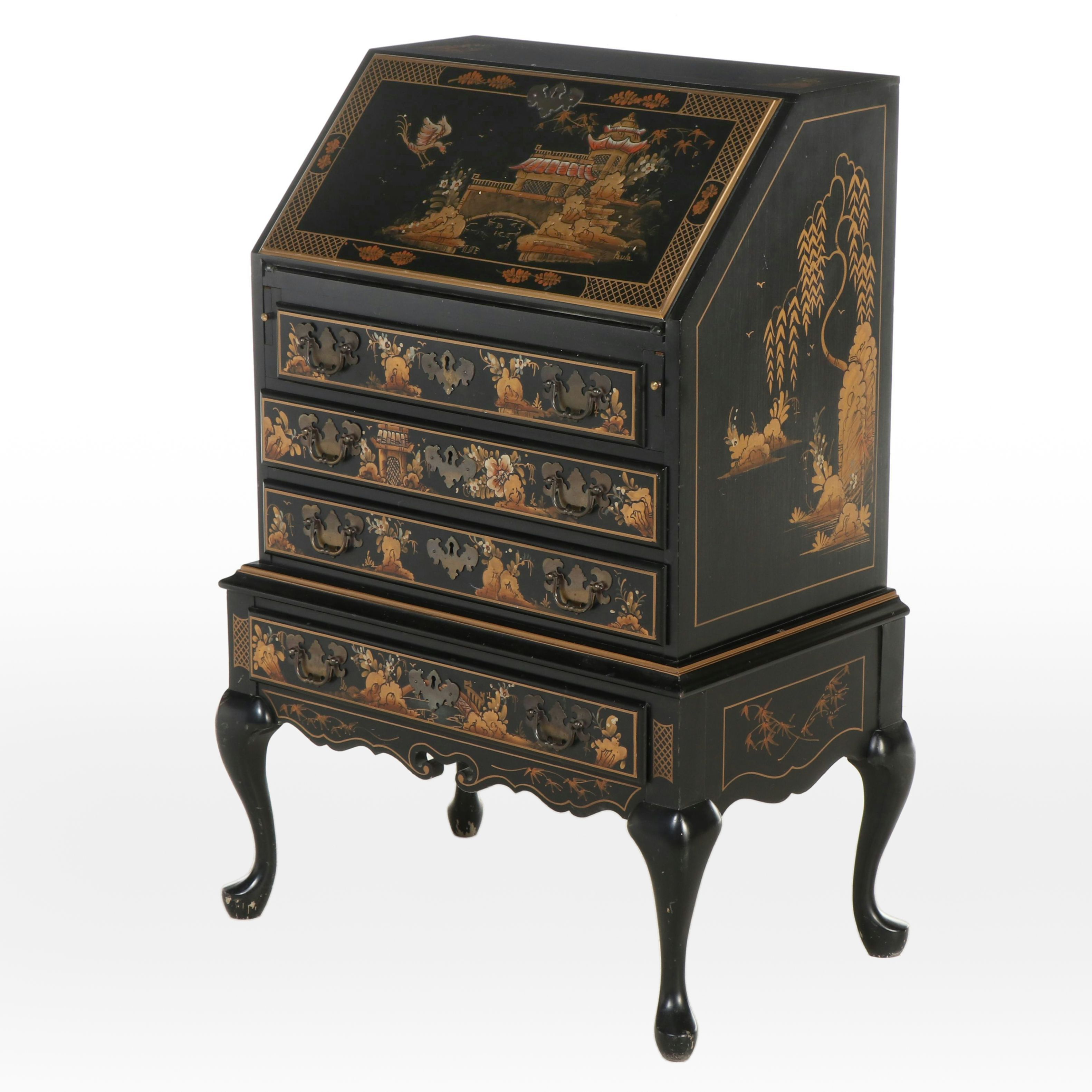 Maddox Queen Anne Style Chinoiserie-Decorated Slant-Front Desk-on-Stand
