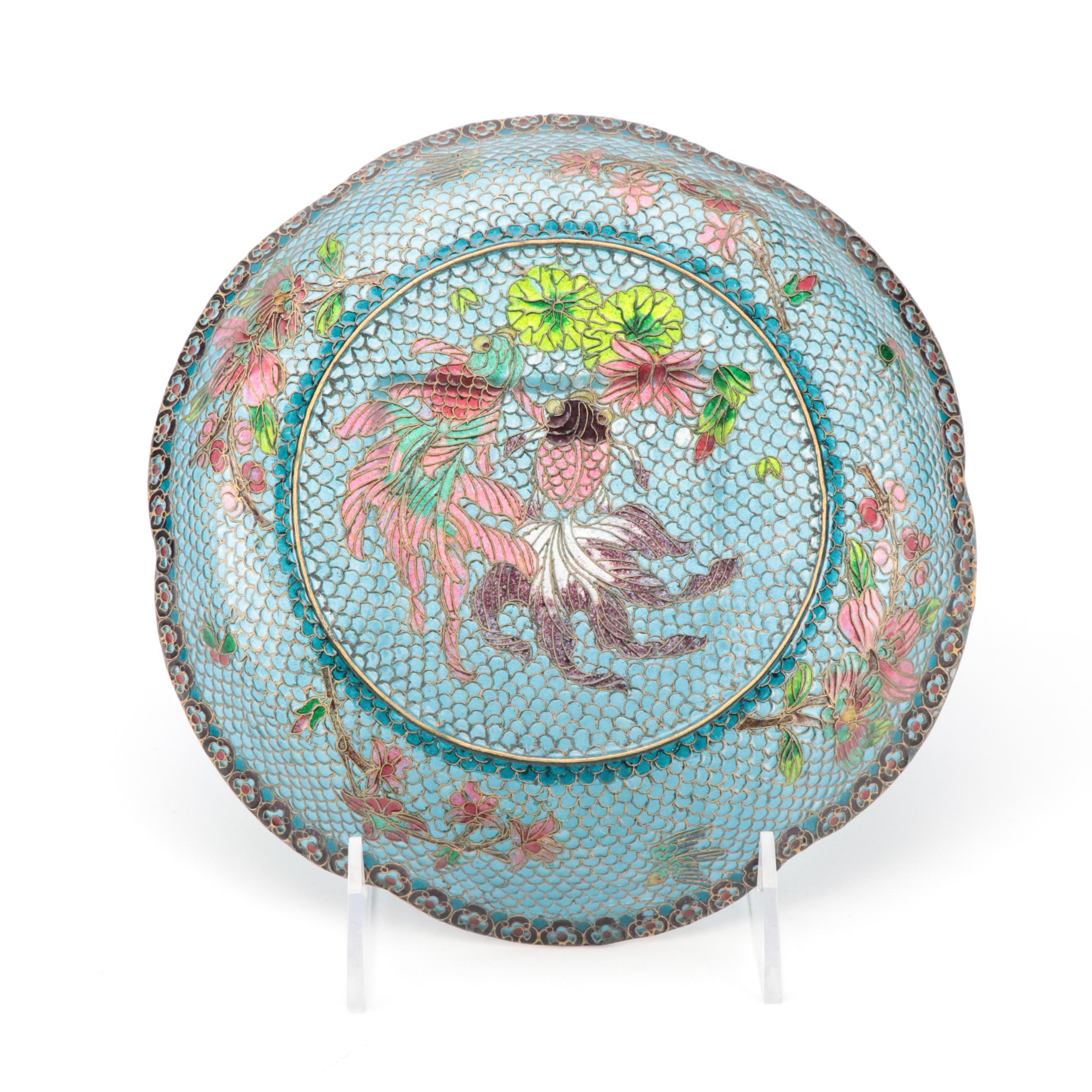 Chinese Plique-A-Jour Cut Out Enamel Bowls and Plate with Metal Bud Vase