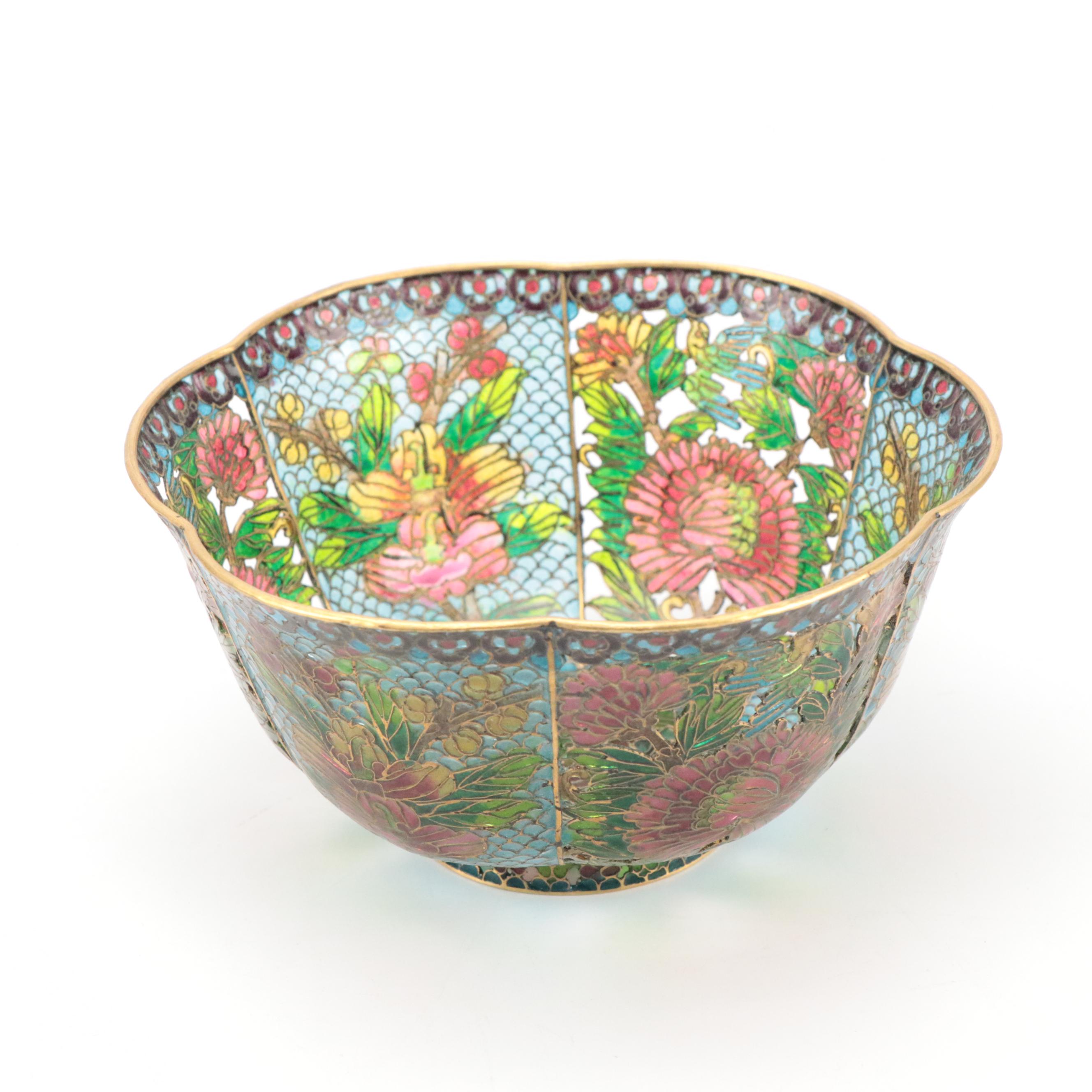 Chinese Plique-A-Jour Cut Out Enamel Bowls and Plate with Metal Bud Vase
