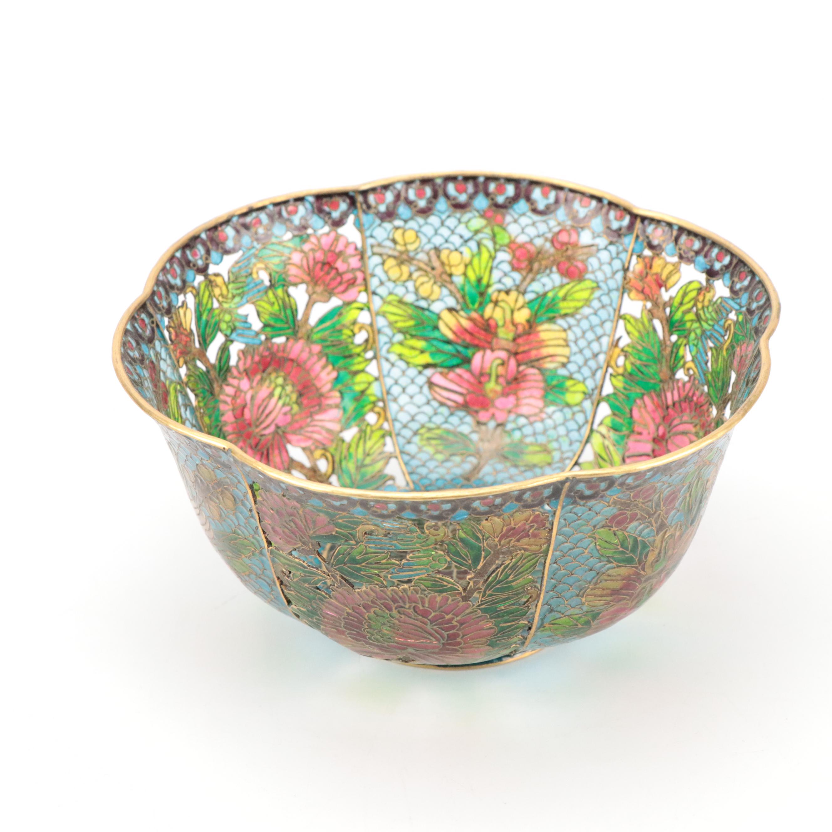 Chinese Plique-A-Jour Cut Out Enamel Bowls and Plate with Metal Bud Vase