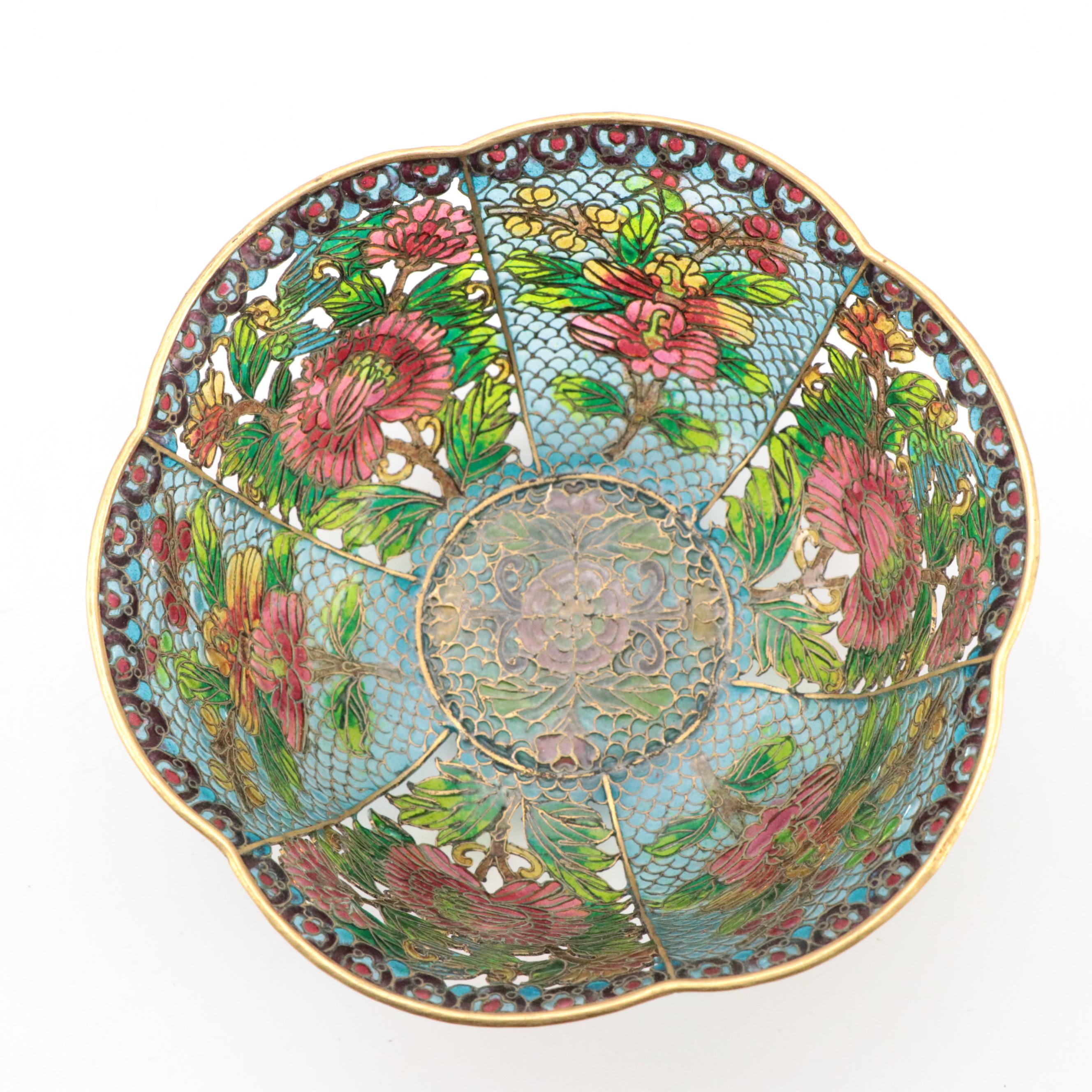 Chinese Plique-A-Jour Cut Out Enamel Bowls and Plate with Metal Bud Vase