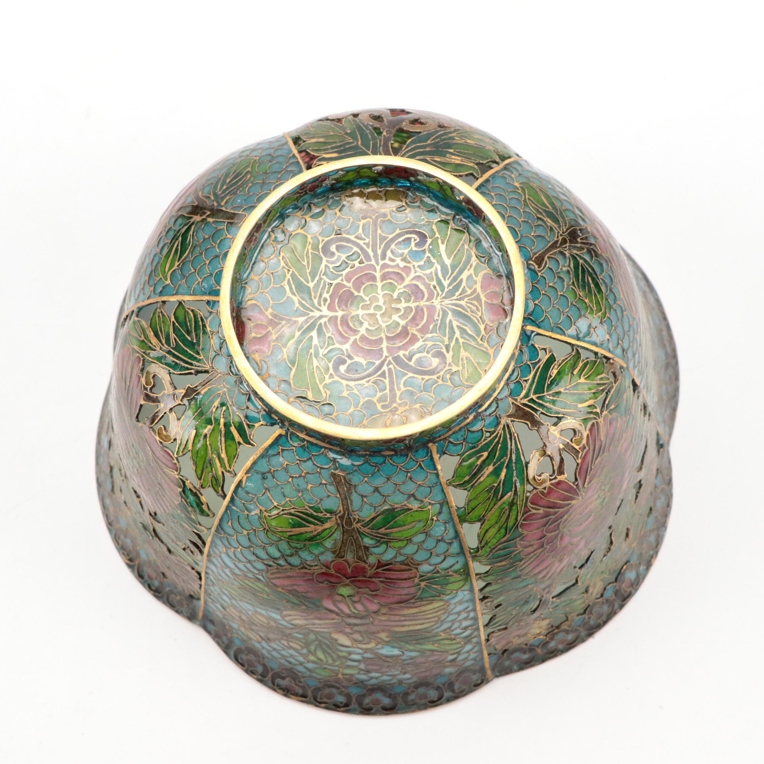 Chinese Plique-A-Jour Cut Out Enamel Bowls and Plate with Metal Bud Vase