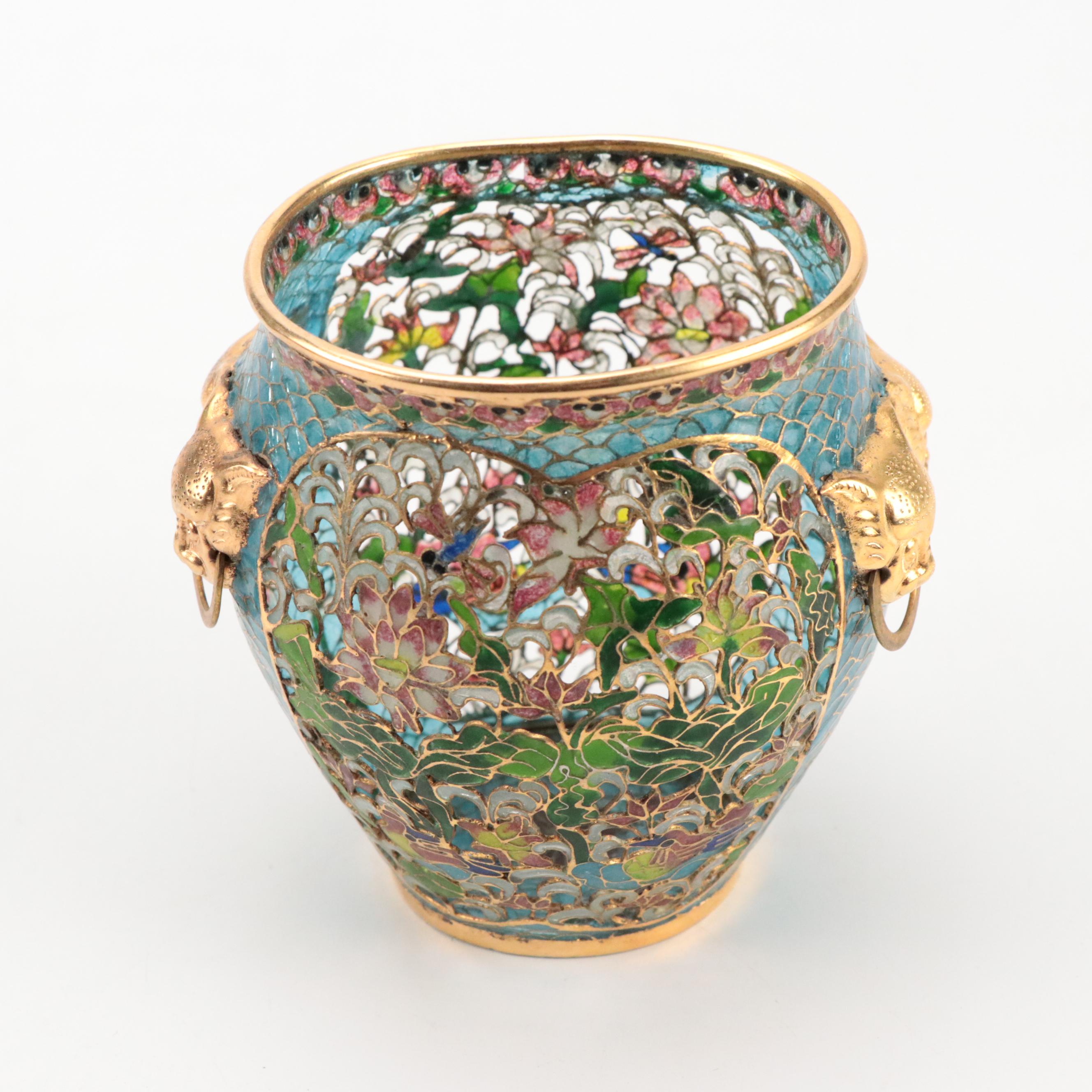 Chinese Plique-A-Jour Cut Out Enamel Bowls and Plate with Metal Bud Vase